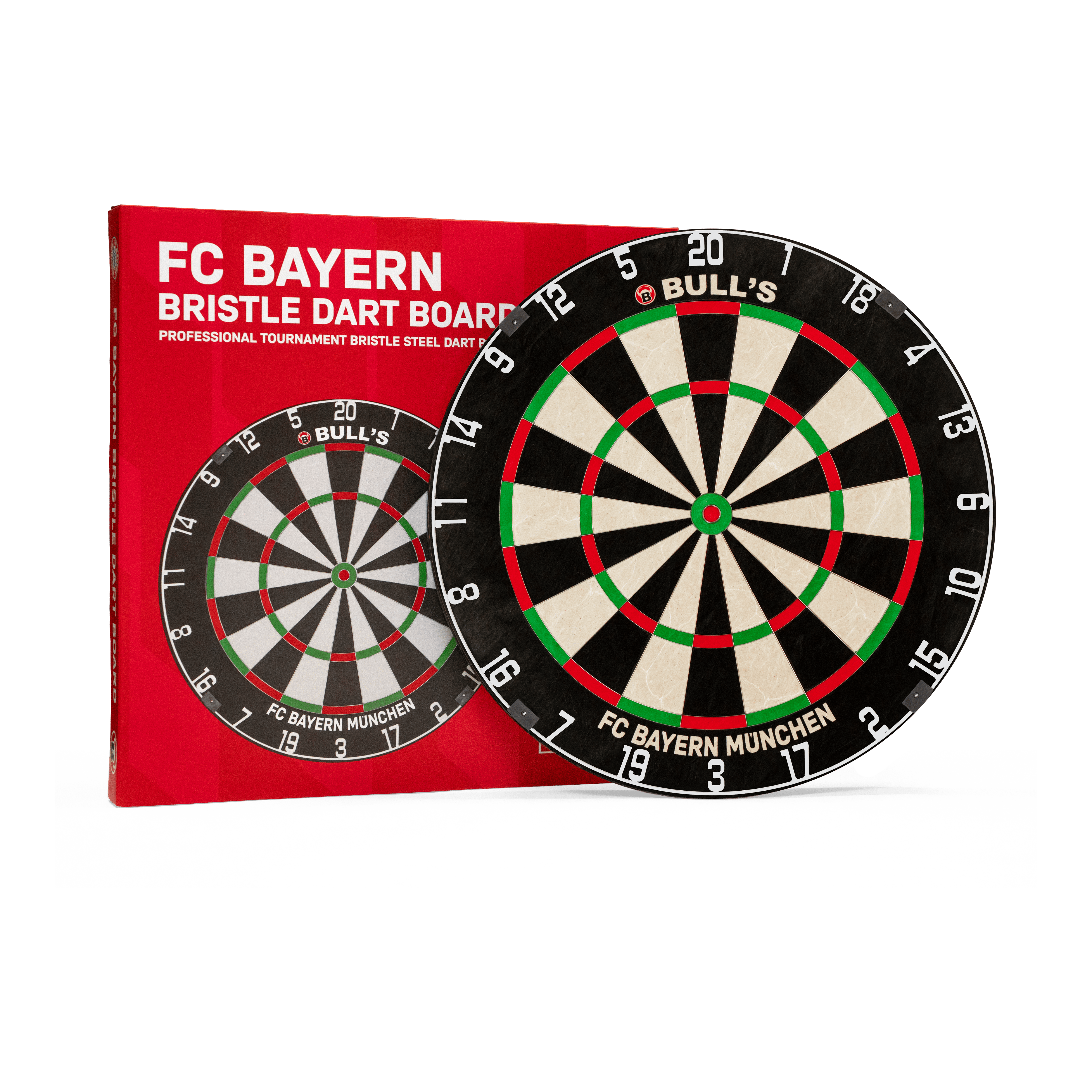 Cible de fléchettes en acier à poils Bulls FC Bayern Munich Das Bild präsentiert das Bulls FC Bayern München Bristle Steeldartboard. Es handelt sich um ein Steeldartboard mit FC Bayern München Logo.