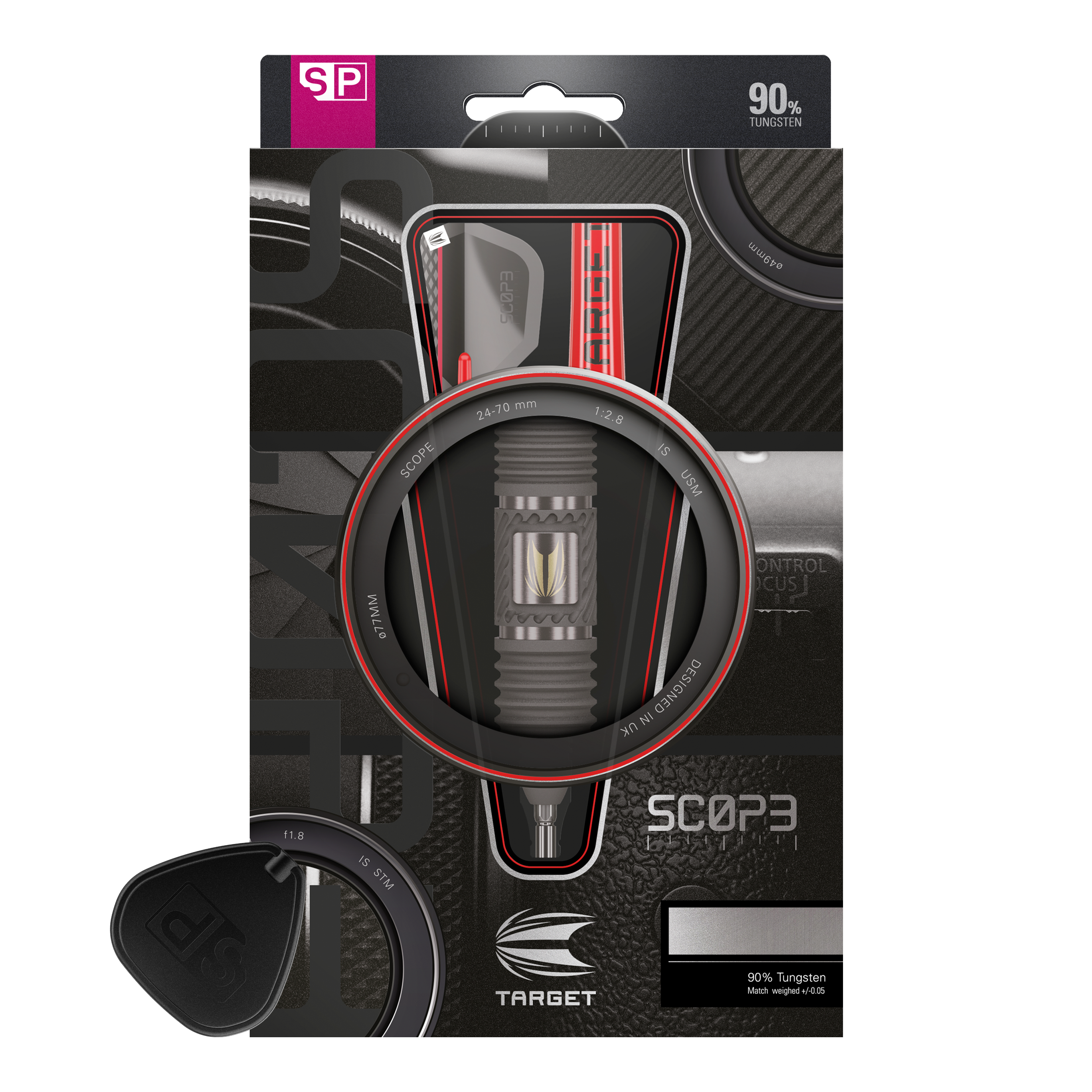 Auf dem Bild ist eine Verpackung für Steeldarts der Marke TARGET zu sehen. Die Darts bestehen zu 90 % aus Wolfram und das Modell heißt "SCOPE 3".