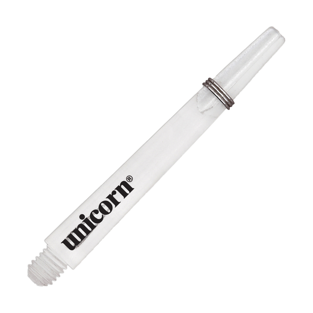 Tiges Unicorn Gripper 3 Mirage - Transparentes - 44,2 mm Das Bild zeigt einen klaren Unicorn Gripper 3 Mirage Shaft mit einer Länge von 44,2 mm. Auf dem Schaft ist das Wort "unicorn" aufgedruckt.