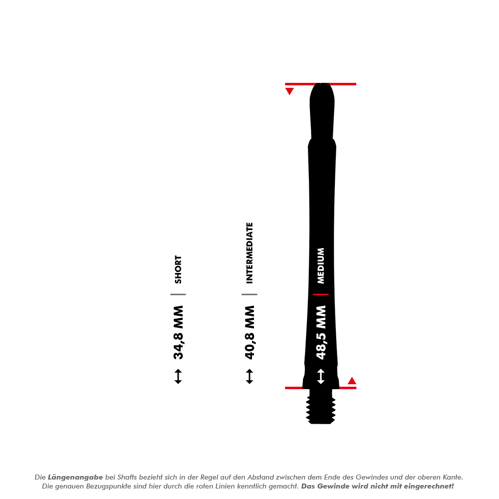 146210_Target_Grip_Style_Aluminium_Shafts_5_485mm Das Bild zeigt drei verschiedene Längen von Aluminium-Shafts für Darts: kurz (34,8 mm), intermediate (40,8 mm) und medium (48,5 mm). Die Längenangaben beziehen sich jeweils auf den Abstand zwischen dem Ende des Gewindes und der oberen Kante.