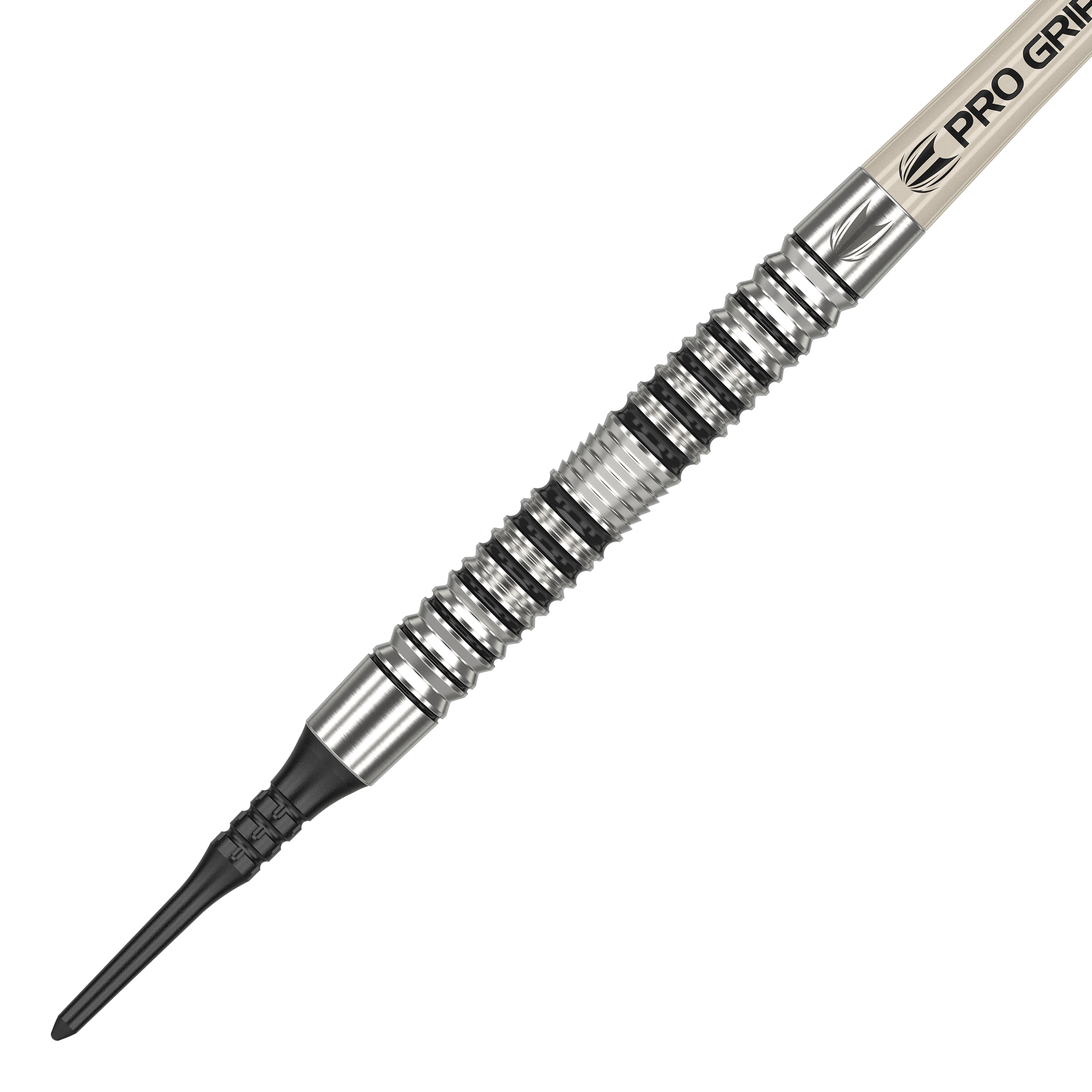 Fléchettes souples Target EXO 10 Das Bild zeigt einen Target EXO 10 Softdart. Der Dartpfeil hat ein silbernes, gerilltes Griffstück und eine schwarze Kunststoffspitze.
