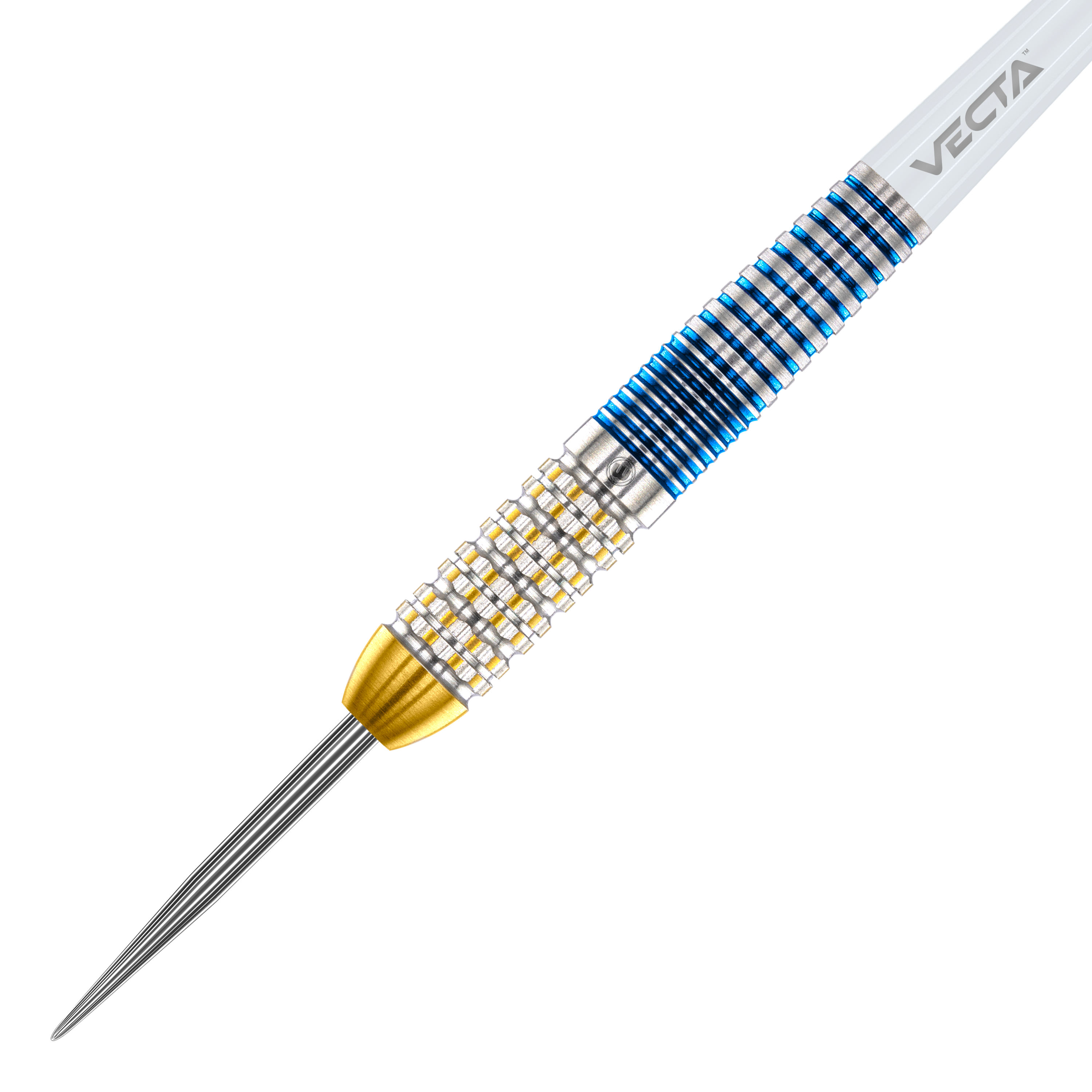 Fléchettes en acier Winmau Steve Beaton Legend Series Das Bild zeigt einen Winmau Steve Beaton Legend Series Steeldart. Der Dart hat ein silbernes, goldfarbenes und blaues Design mit einer strukturierten Griffzone.