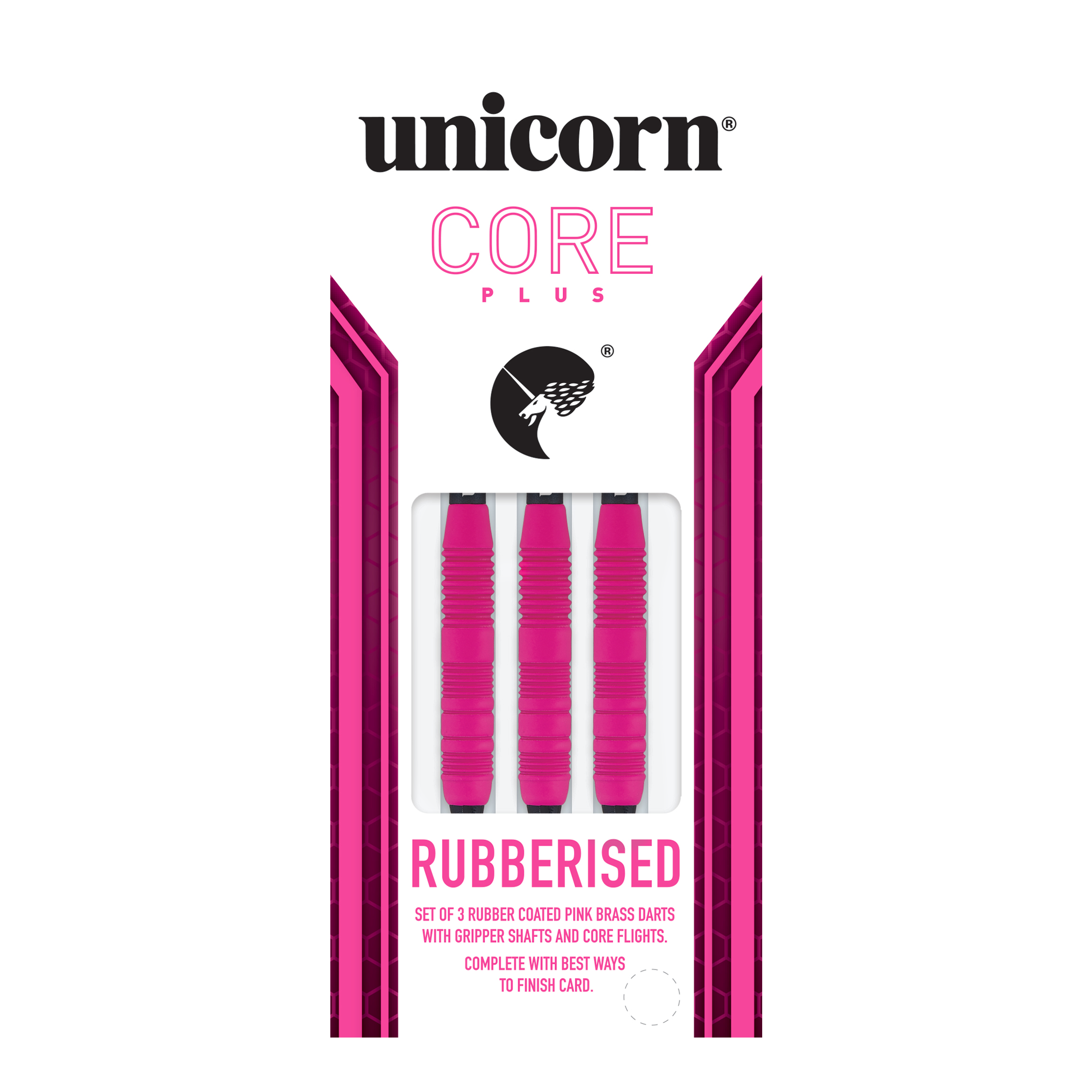Fléchettes souples Unicorn Core Plus en caoutchouc rose - 19 g Das Bild zeigt eine Packung der "Unicorn Core Plus Rubberised Pink Softdarts - 19g". In der Verpackung befinden sich drei pinke, gummierte Softdarts.