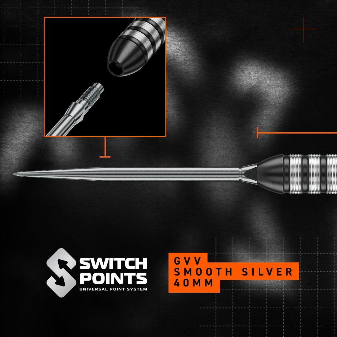 Fléchettes en acier Winmau Gian Van Veen TS Switch Point Zu sehen ist Winmau Gian Van Veen TS Switch Point Steeldarts. Die Darts liegen nebeneinander auf einer hellen Fläche.