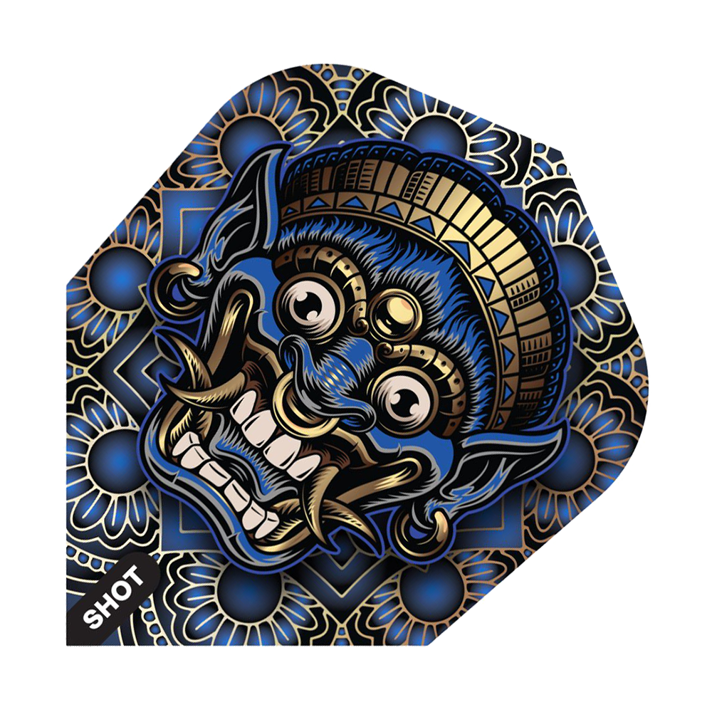 Vols d'armes tribales Shot Java n°6 Das Bild zeigt ein Dart-Flight mit einem farbenfrohen, traditionellen Tribal-Design in Blau, Gold und Schwarz. Das auffällige Motiv stellt eine stilisierte, furchteinflößende Maske dar.