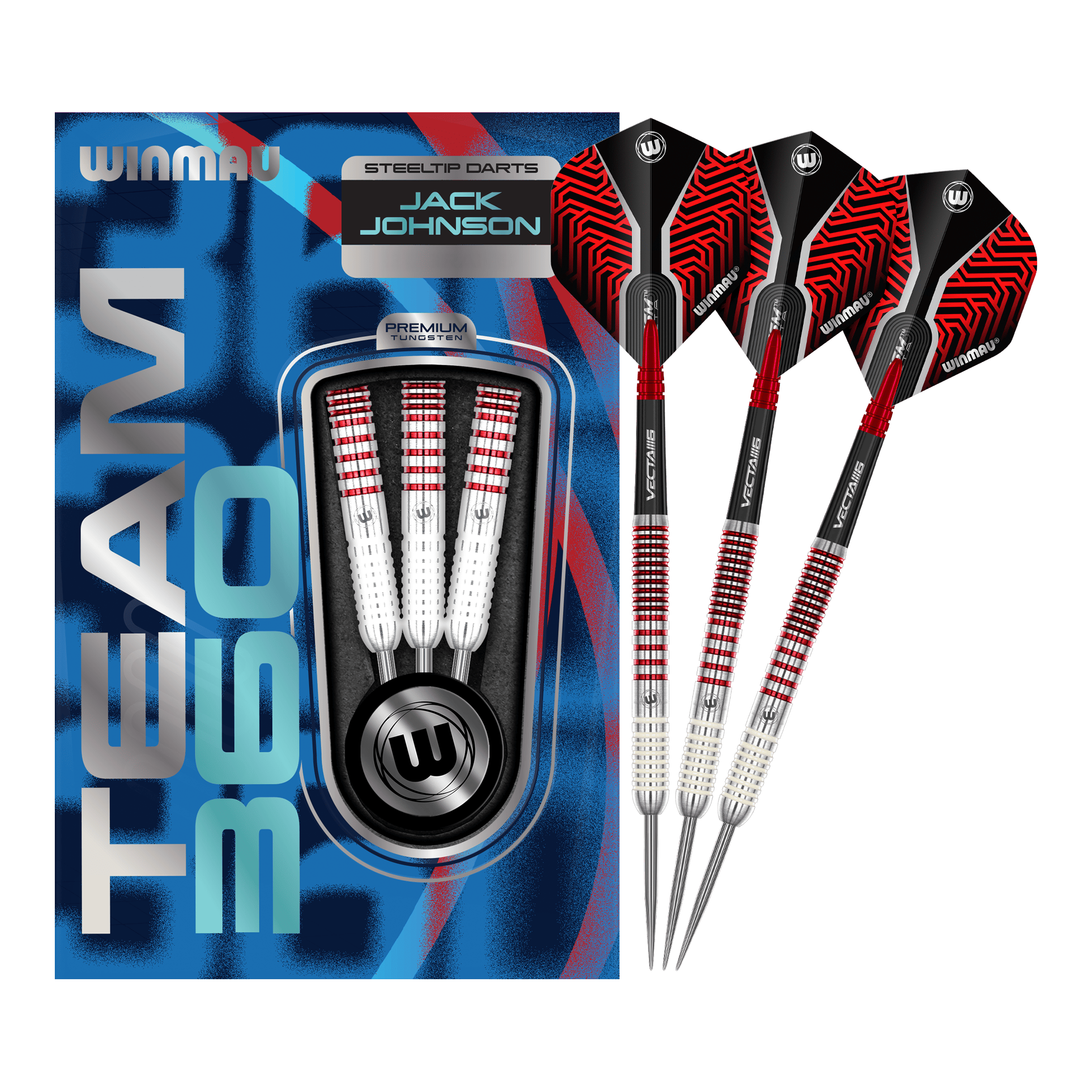 Fléchettes en acier Winmau Team 360 Jack Johnson - 24 g Das Bild zeigt das komplette Set der Winmau Team 360 Jack Johnson Steeldarts mit 24g. Die Steeldarts sind für präzises Werfen entwickelt.