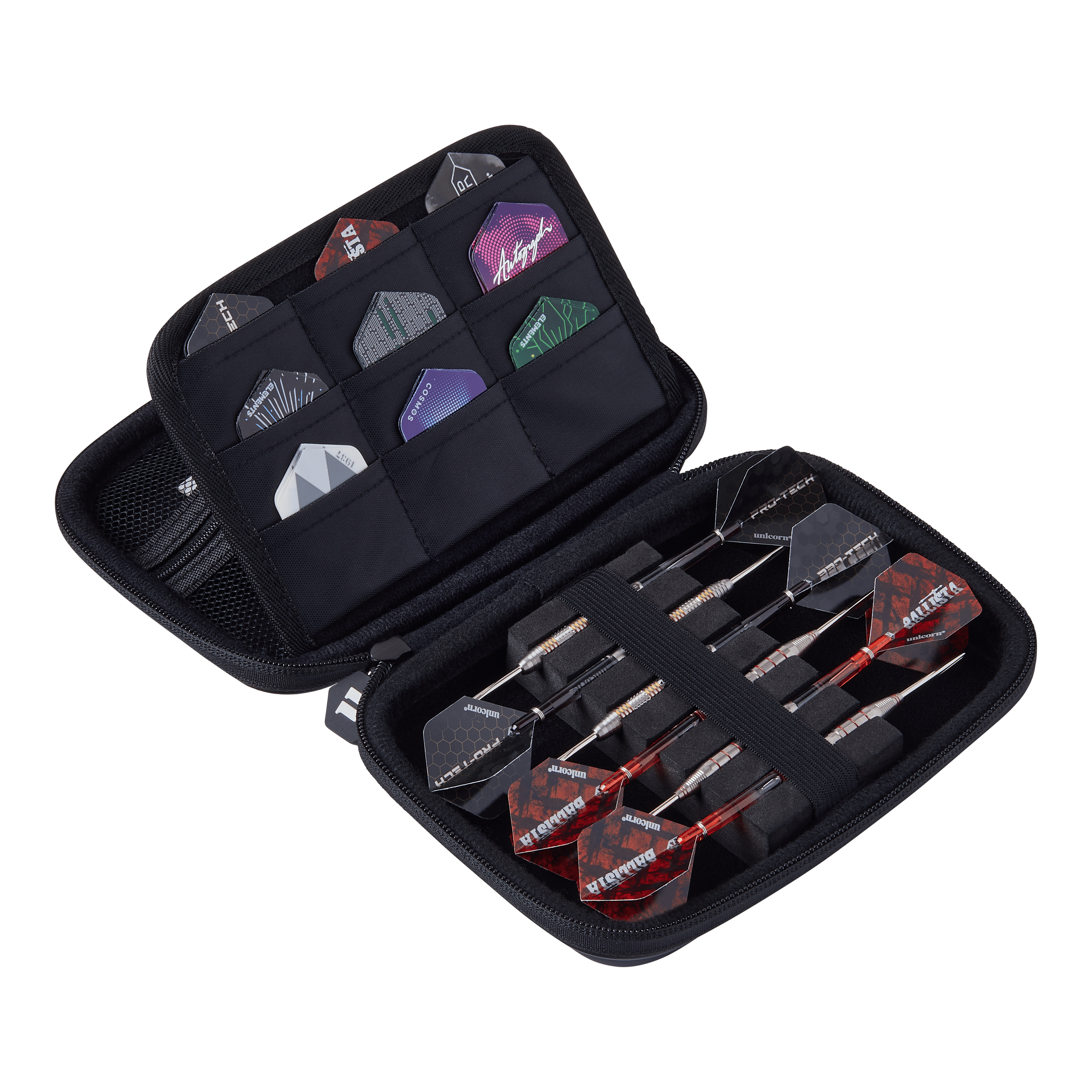 Portefeuille de fléchettes Unicorn Ultra Gary Anderson Das Bild zeigt das Unicorn Ultra Gary Anderson Dartwallet, eine aufklappbare Tasche für Dartzubehör. In der Tasche sind mehrere Dartpfeile und Flights ordentlich verstaut.
