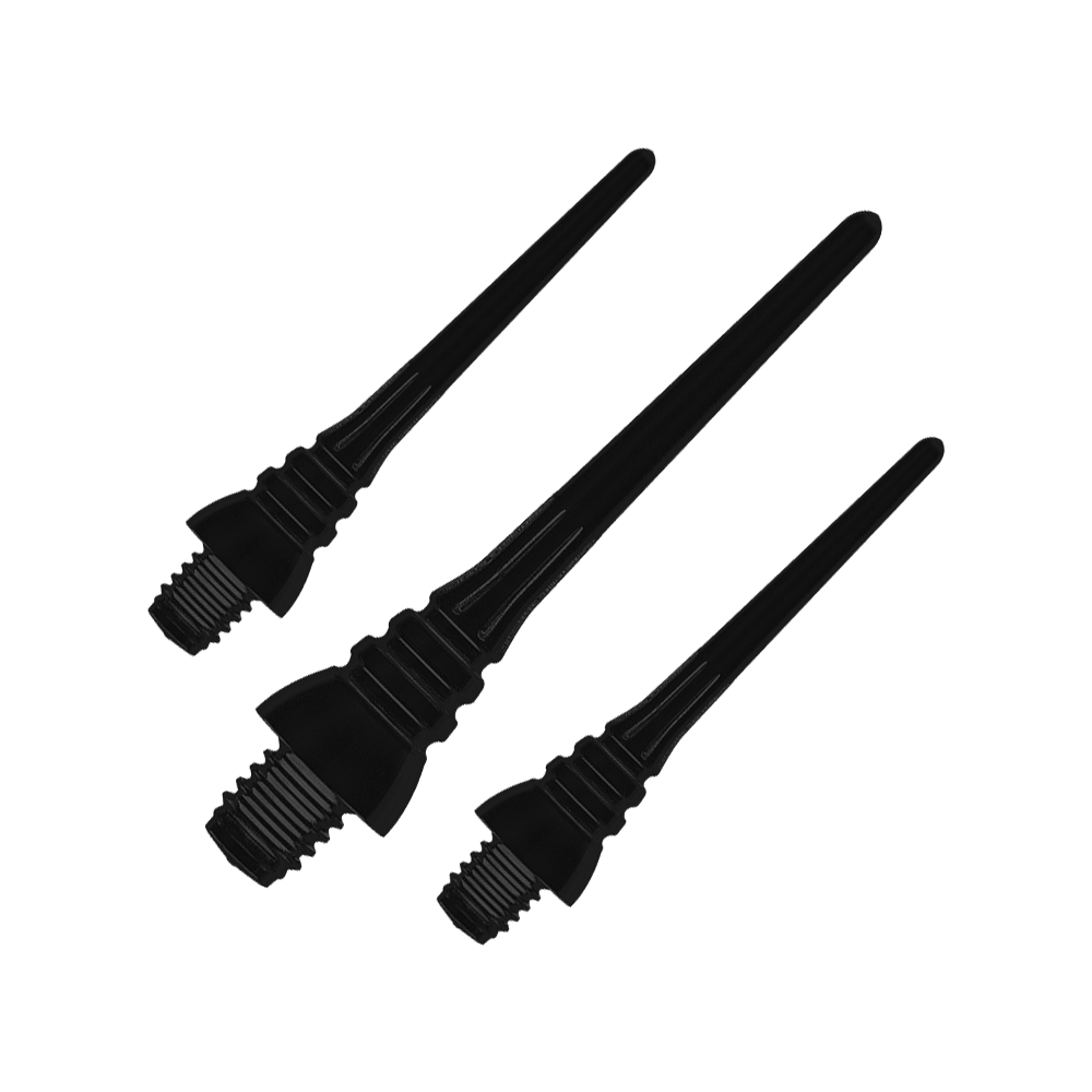 Winmau Triton Softtip Points Softdartspitzen (50-er Pack) Auf dem Bild sind drei schwarze Softdartspitzen zu sehen. Sie liegen nebeneinander und haben ein Gewinde am unteren Ende.