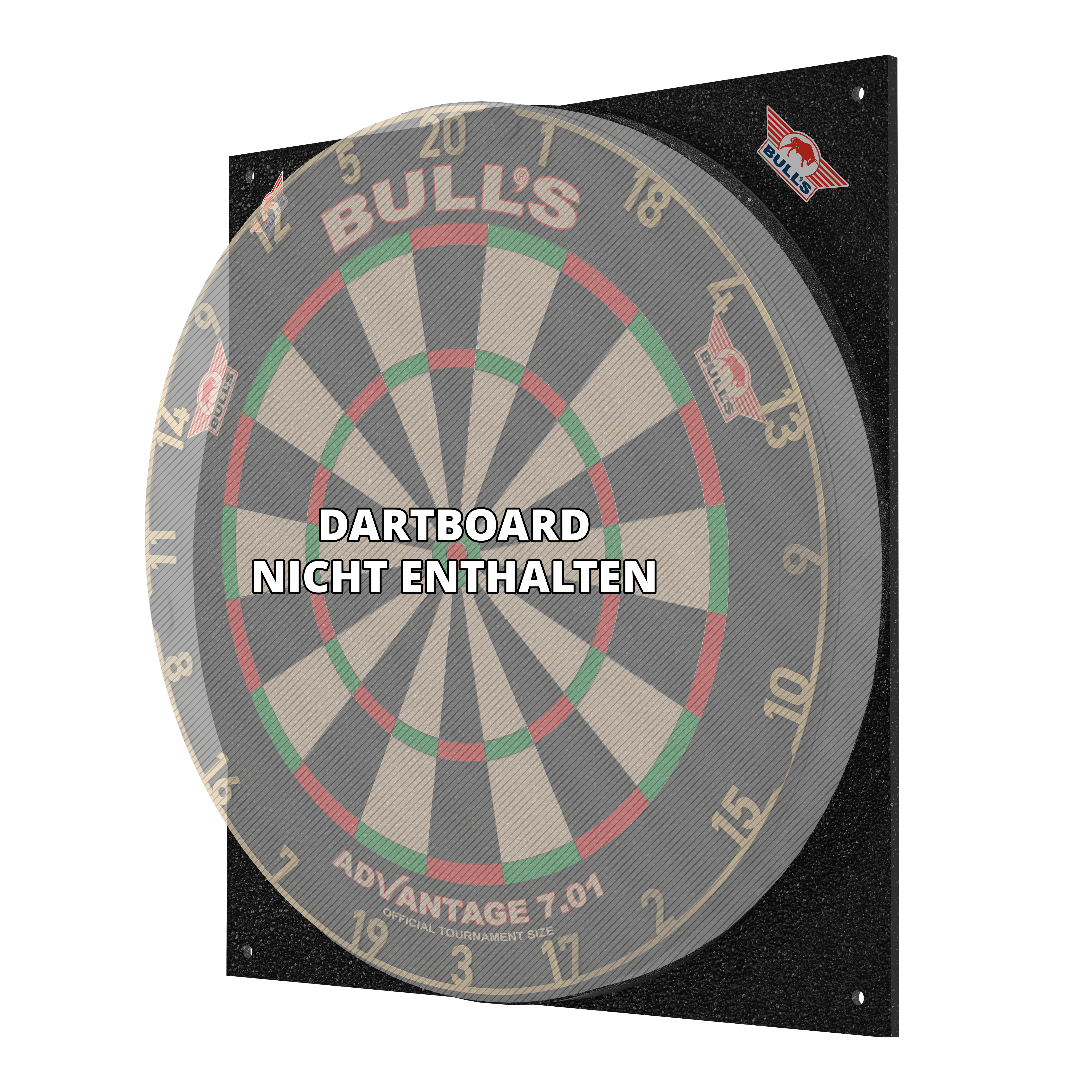 Silencieux de cible de fléchettes Bulls NL Das Bild zeigt den Bulls NL Dartboard Silencer, ein schallreduzierendes Board für Dartspiele. Auf dem Bild steht, dass das Dartboard nicht enthalten ist.