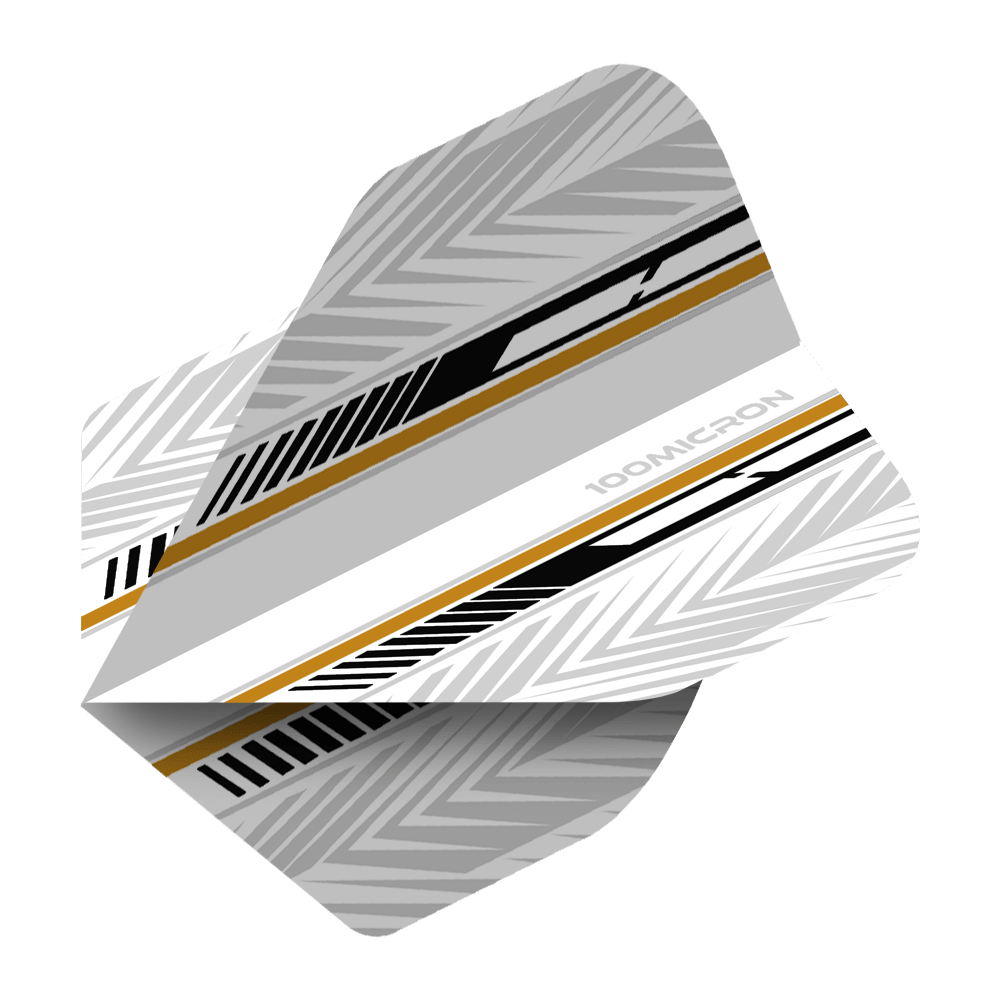 Vols de Pentathlon blanc/noir/or Das Bild zeigt ein Dartflight mit einem modernen Design in Weiß, Schwarz und Gold. Die Oberfläche ist mit geometrischen Mustern und Streifen verziert.