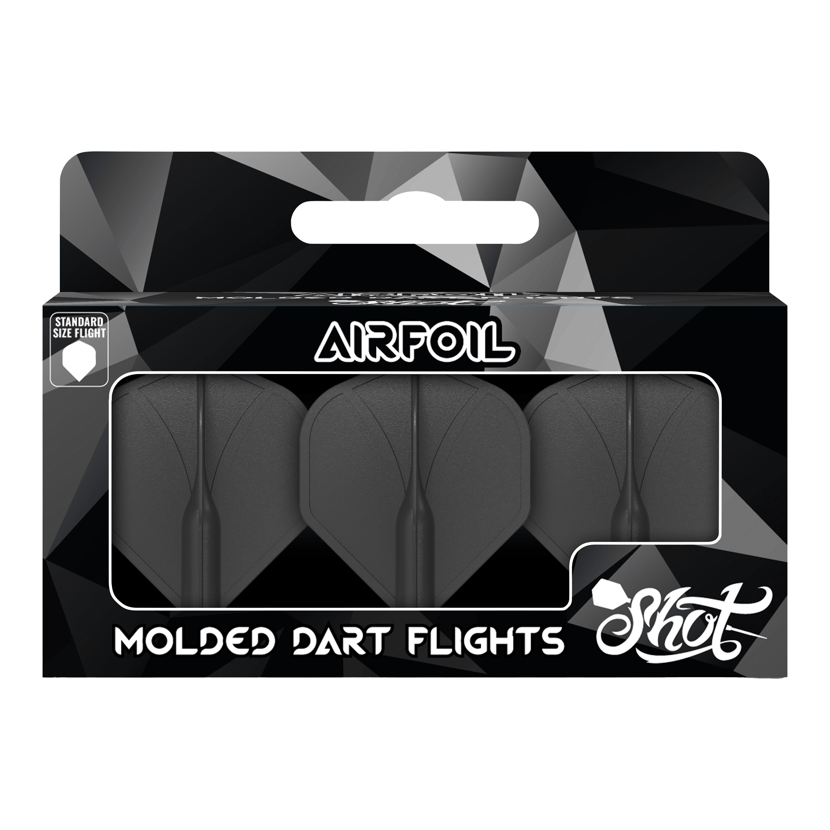 Auf dem Bild ist eine Packung mit drei schwarzen, geformten Dartflights zu sehen. Die Verpackung trägt die Aufschrift „Airfoil“ und „Molded Dart Flights“ der Marke Shot.