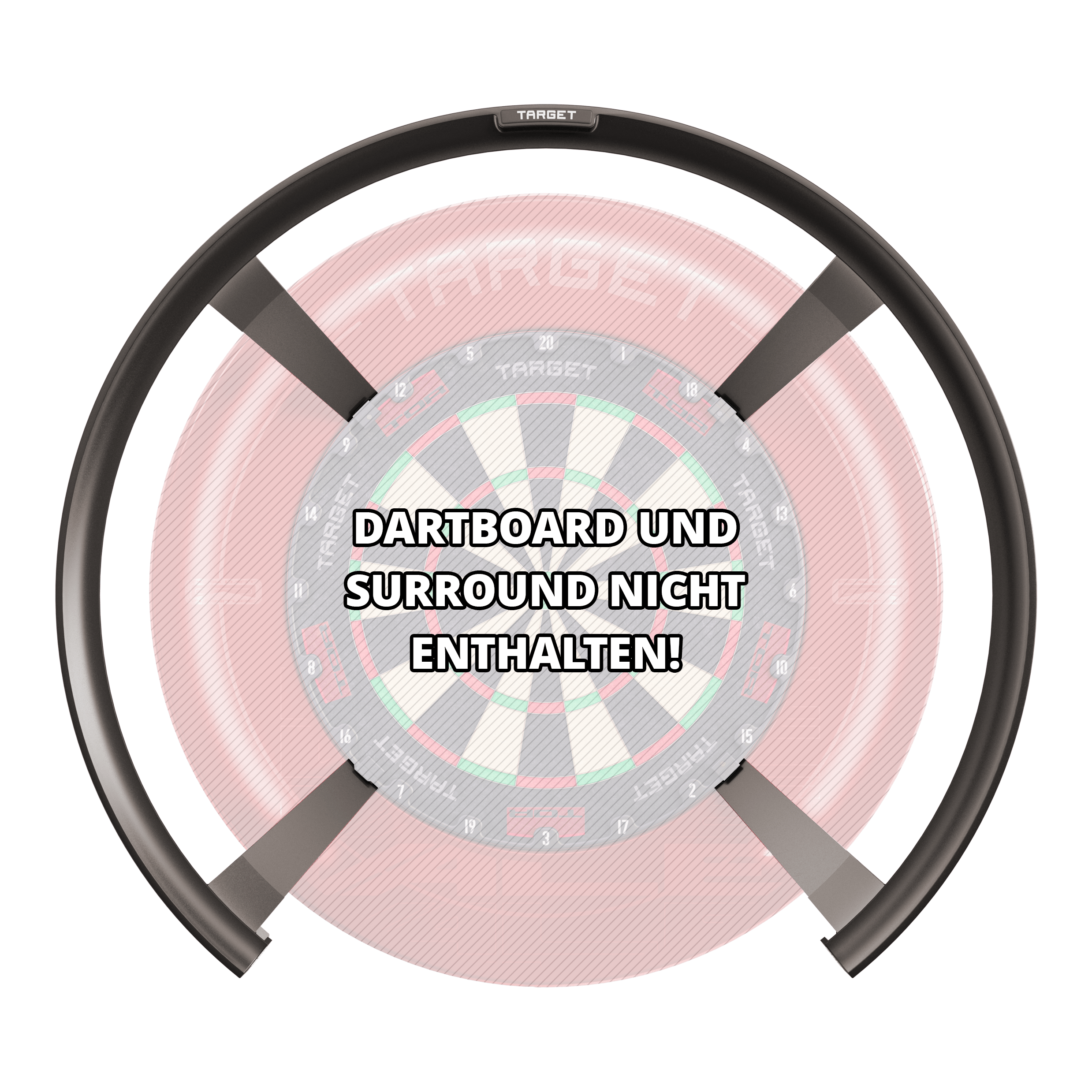 Système de notation automatique Target OMNI Das Bild zeigt das Produkt "Target OMNI Auto-Scoring-System" vor einem Dartboard. In der Mitte steht der Hinweis: "DARTBOARD UND SURROUND NICHT ENTHALTEN!"