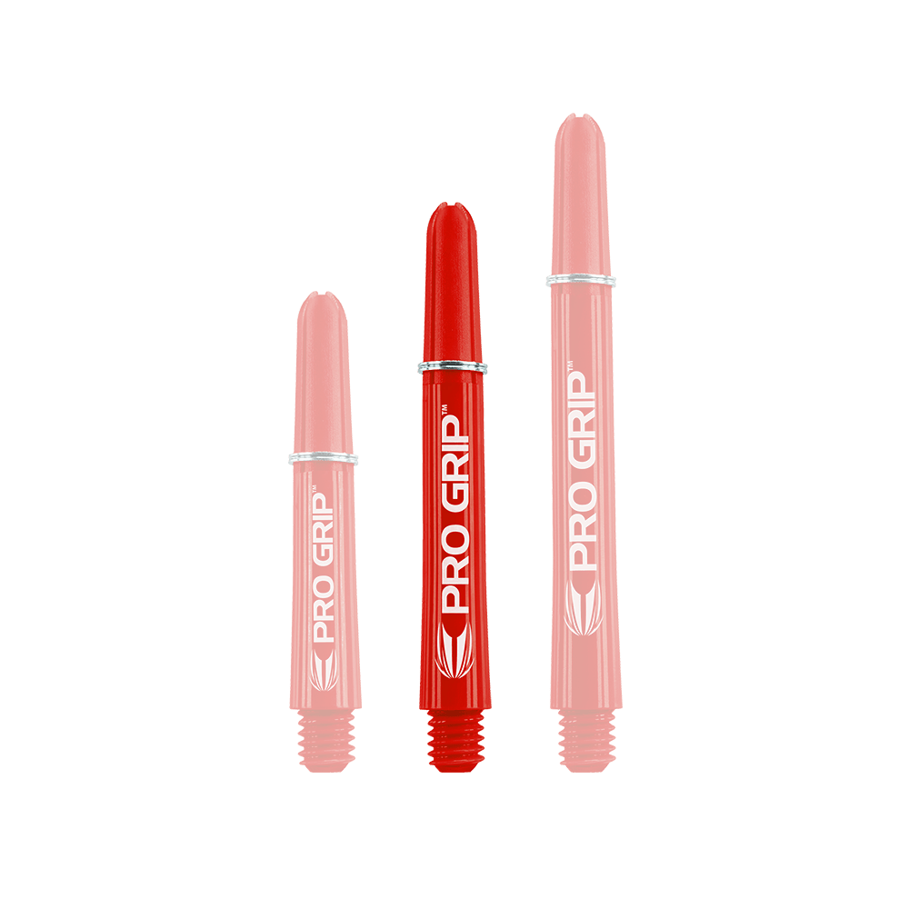 Tiges Target Pro Grip - 3 jeux - Rouge Das Bild zeigt drei rote "Pro Grip" Shafts für Dartpfeile in unterschiedlichen Längen. Alle drei Shafts haben die weiße Aufschrift "PRO GRIP" und ein Logo.