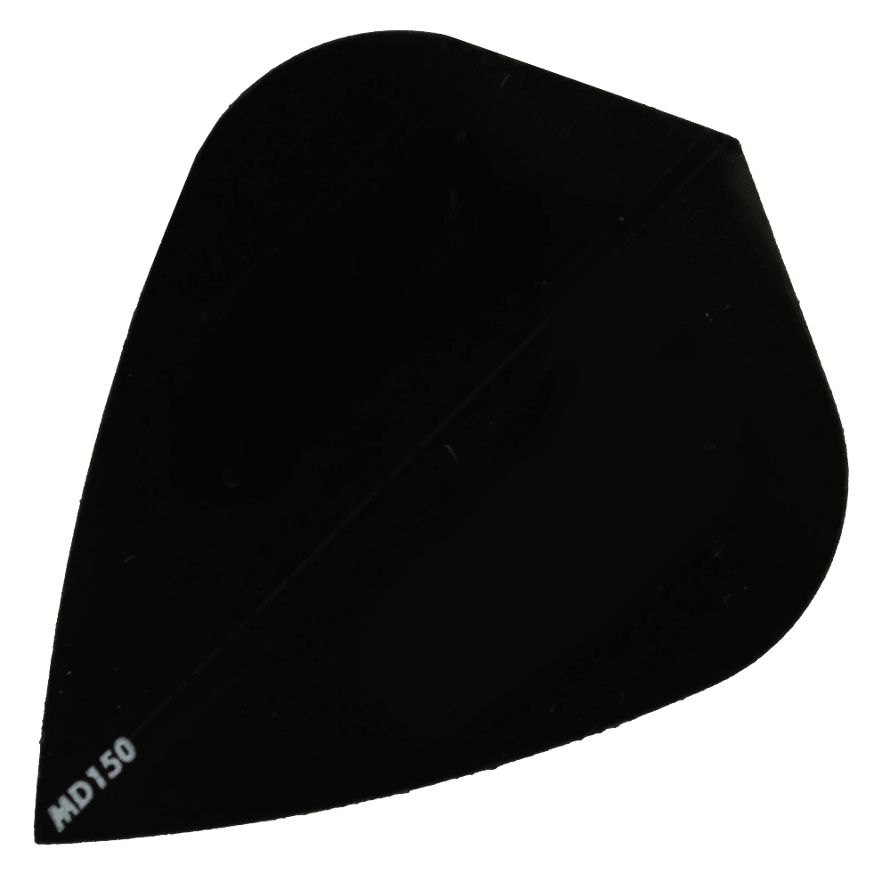 MD150-Kite-Schwarz Das Bild zeigt das Produkt "McDart MD150 - Kite Flight". Es handelt sich um ein schwarzes Dartflight in Form eines Drachens mit der Aufschrift "MD150" in der Ecke.