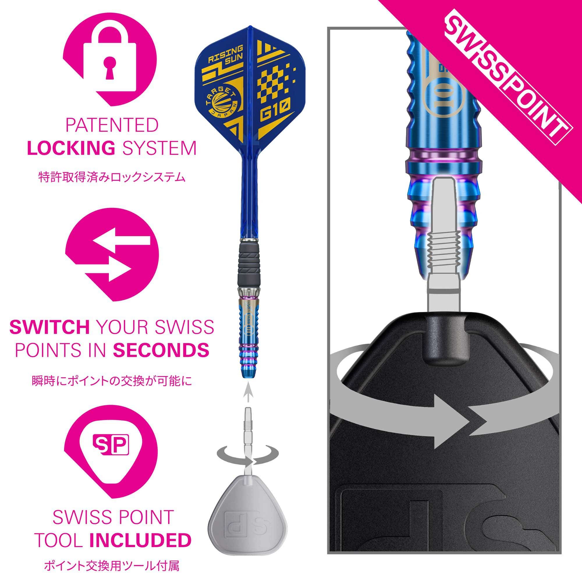 Fléchettes en acier Target Japan Rising Sun GEN10 Swiss Point Hier wird das Produkt Target Japan Rising Sun GEN10 Swiss Point Steeldarts dargestellt. Diese Darts bieten ein modernes Design und professionelle Qualität.