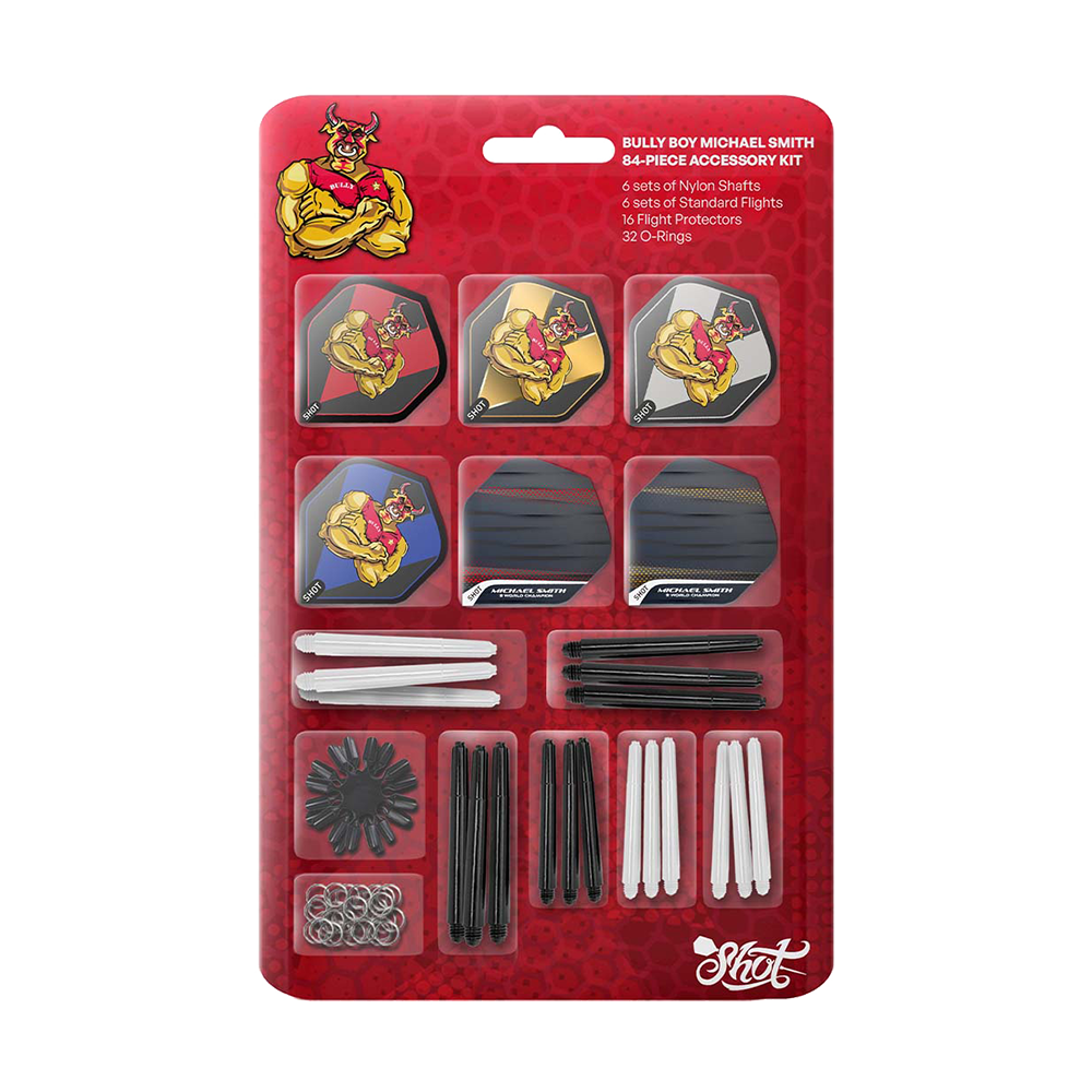 Kit d'accessoires Shot Michael Smith - 84 pièces Das Bild zeigt das "Shot Michael Smith Accessory Kit - 84 Teile" für Darts. Das Set enthält Flights, Shafts, Flight Protectoren und O-Ringe in verschiedenen Farben und Designs.