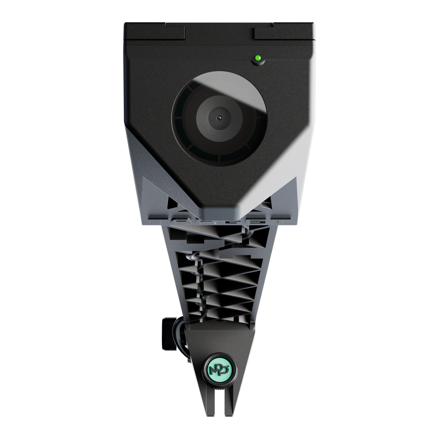 Caméra Target VIRT Das Bild zeigt die Target VIRT Kamera aus der Vorderansicht. Die Kamera hat ein modernes, technisches Design mit einem großen Objektiv in der Mitte.