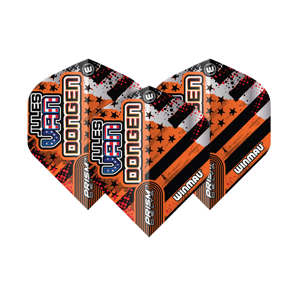 Vols standard Winmau Prism Delta Jules Van Dongen Das Bild zeigt drei Dartflights des Modells "Winmau Prism Delta Jules Van Dongen Standard Flights". Die Flights sind in Schwarz, Orange und Silber gestaltet und tragen den Namen "Jules Van Dongen".
