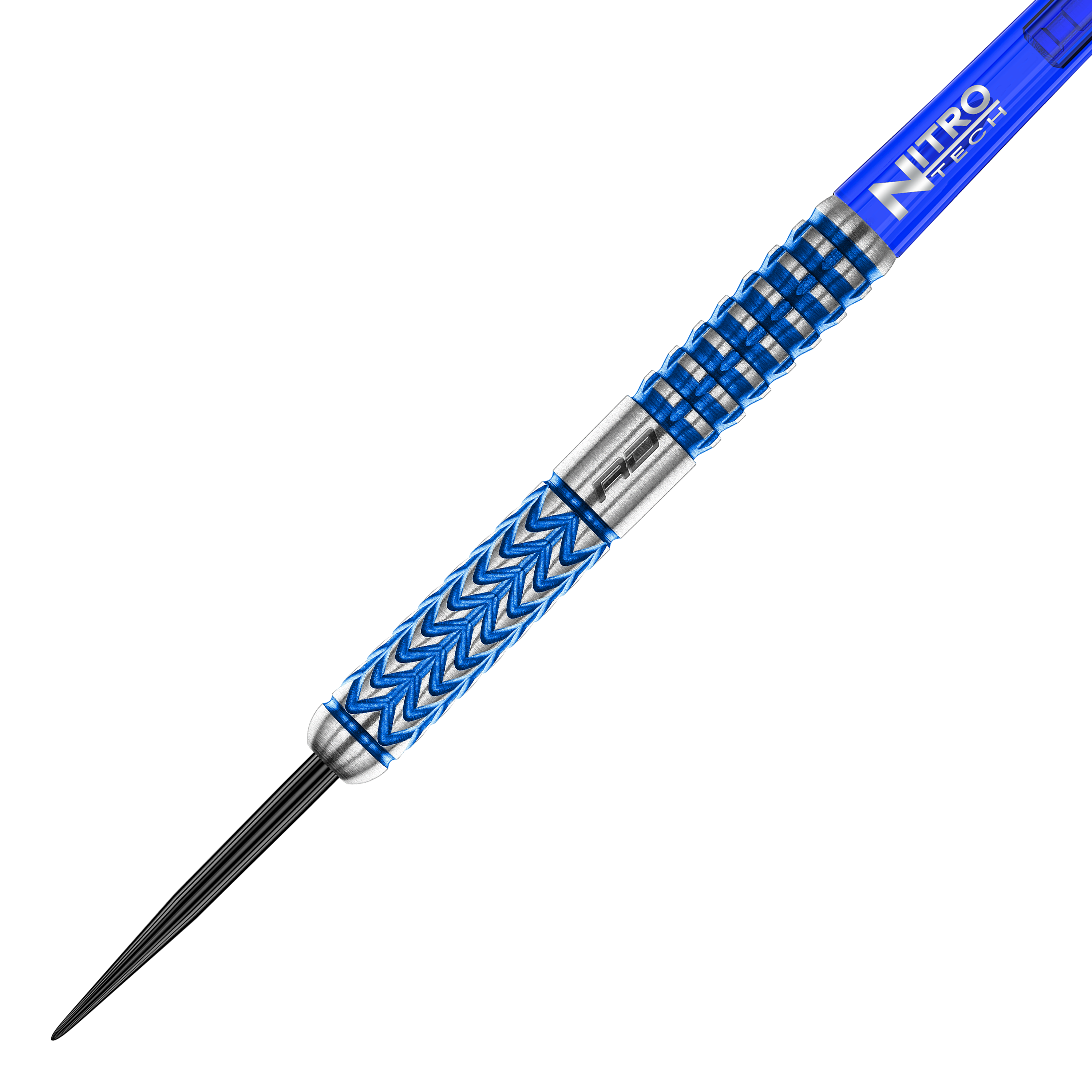 Fléchettes en acier Red Dragon Gerwyn Price Glacier Das Bild zeigt einen stilvollen Steeldart mit blauen und silbernen Akzenten. Der Schaft trägt die Aufschrift „Nitro Tech“ und das Dartdesign ist modern und griffig.