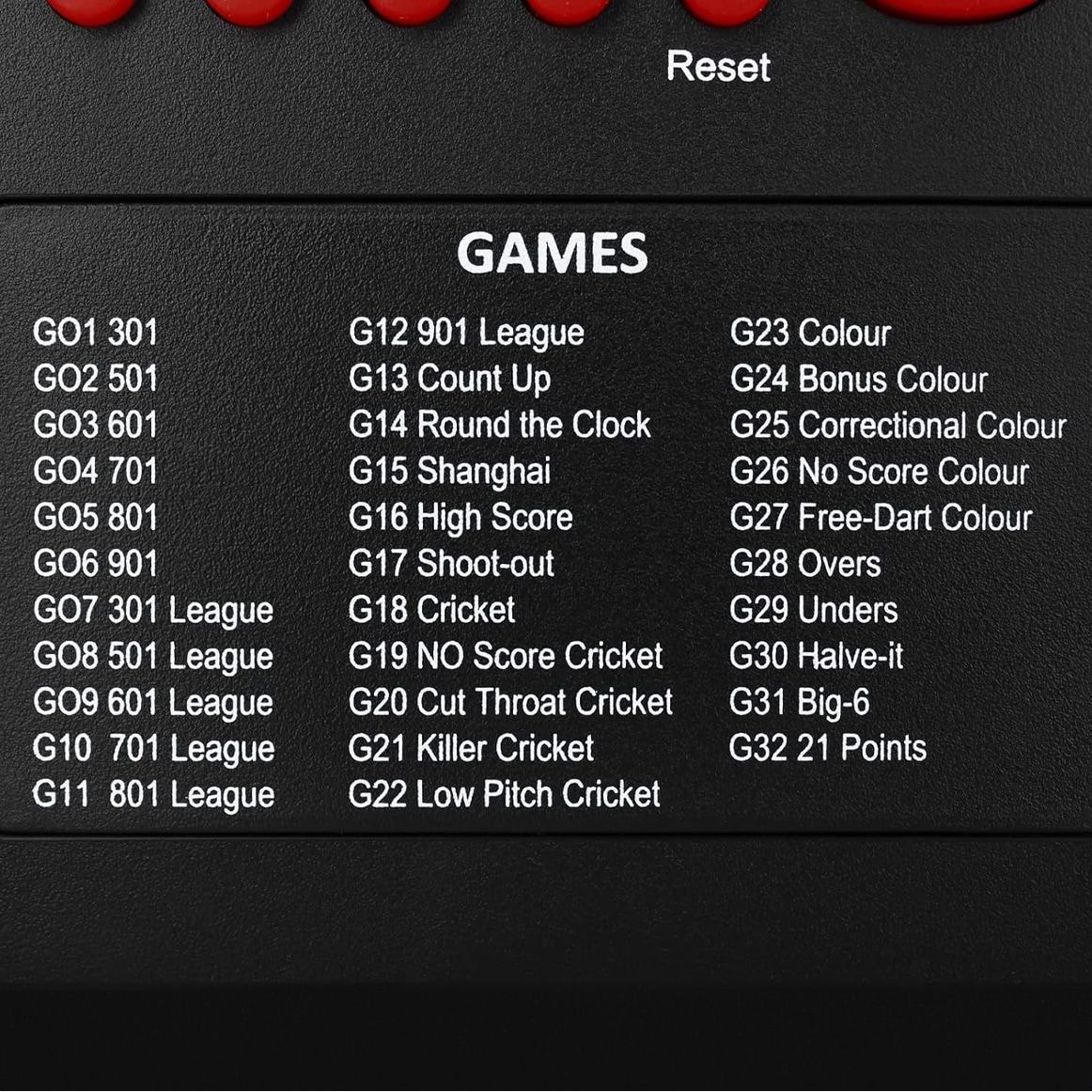 Compteur de fléchettes XQMax Dublin Das Bild zeigt eine Spieleliste auf dem XQMax Dublin Dart Counter. Es sind verschiedene Dartspiele mit ihren jeweiligen Spielnummern zu sehen.