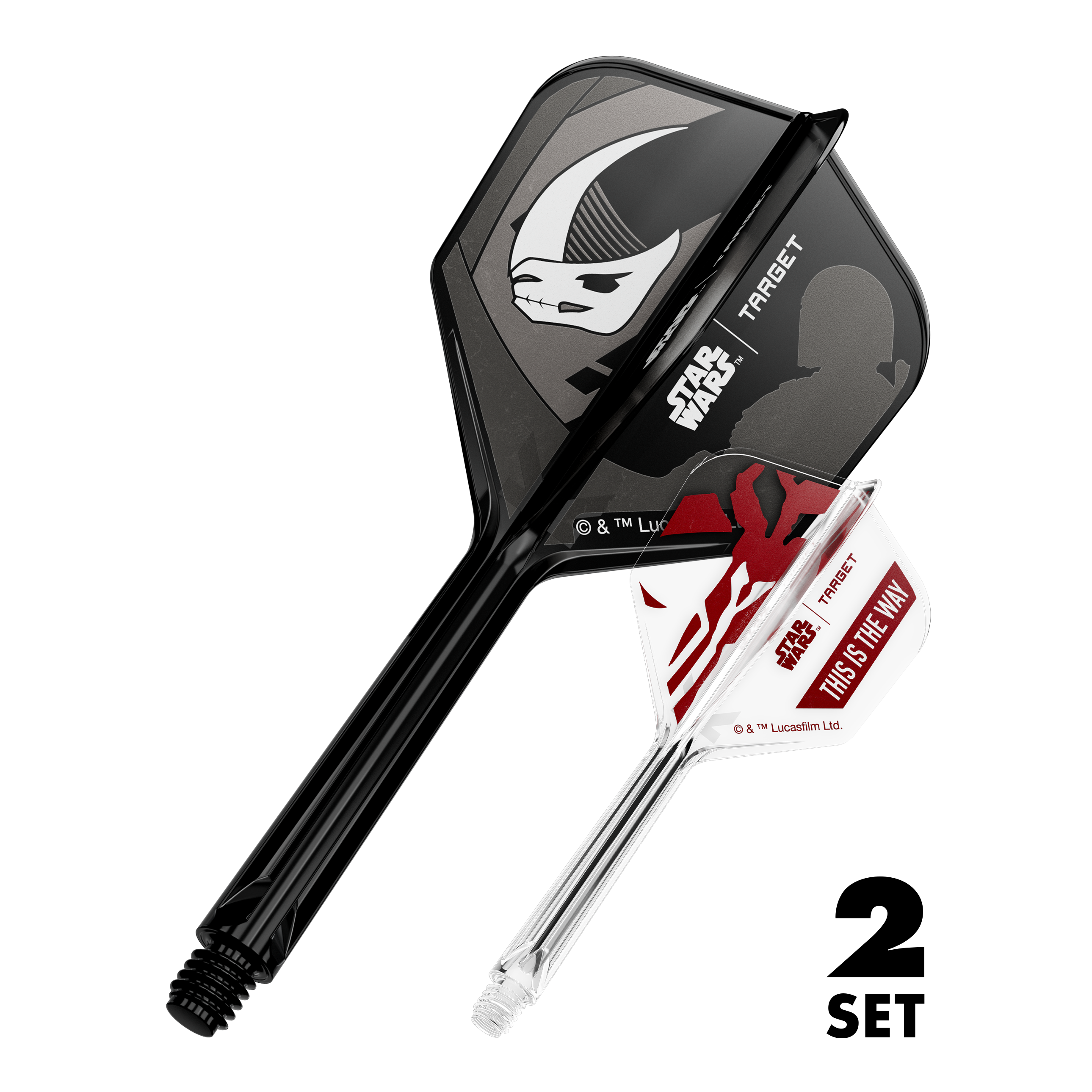 Coffret Target Star Wars K-Flex Mandalorian No6 Flights Das Bild zeigt den Artikel '410625_Target_StarWars_K-Flex_Mandalorian_2PackSet_No6_Flights_33mm_1'. Es handelt sich wahrscheinlich um Dart-Flights mit Star Wars Mandalorian Motiv.