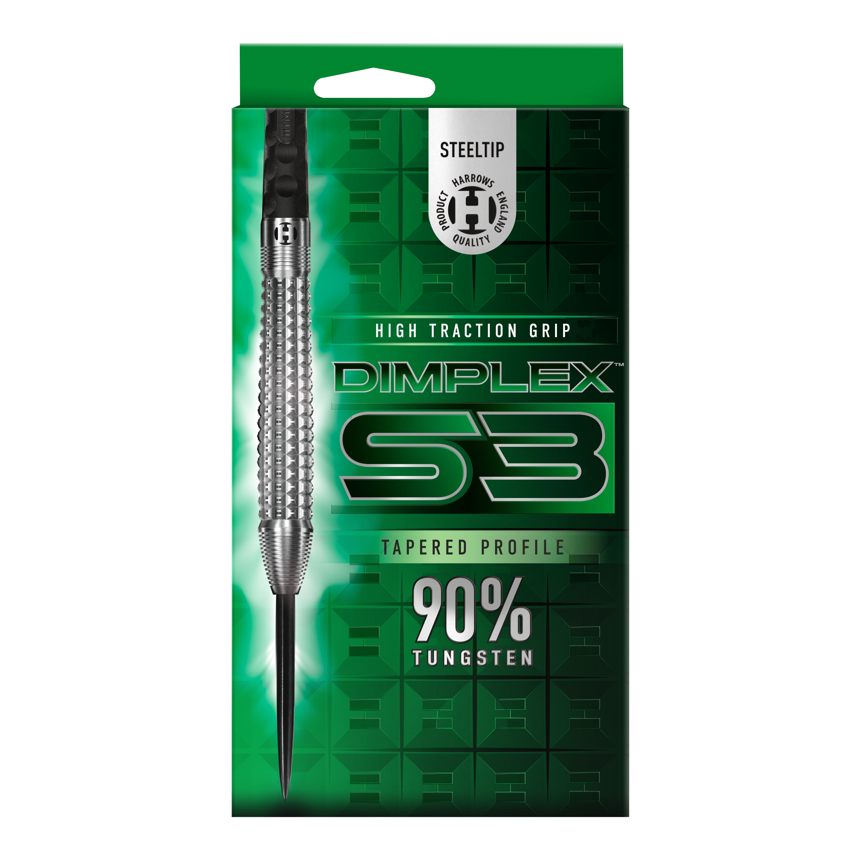 Fléchettes coniques en acier Harrows Dimplex S3 Das Bild zeigt die Verpackung der "Harrows Dimplex S3 Tapered Steeldarts". Die Verpackung ist grün und hebt den hohen Wolframanteil von 90% sowie den hohen Grip hervor.