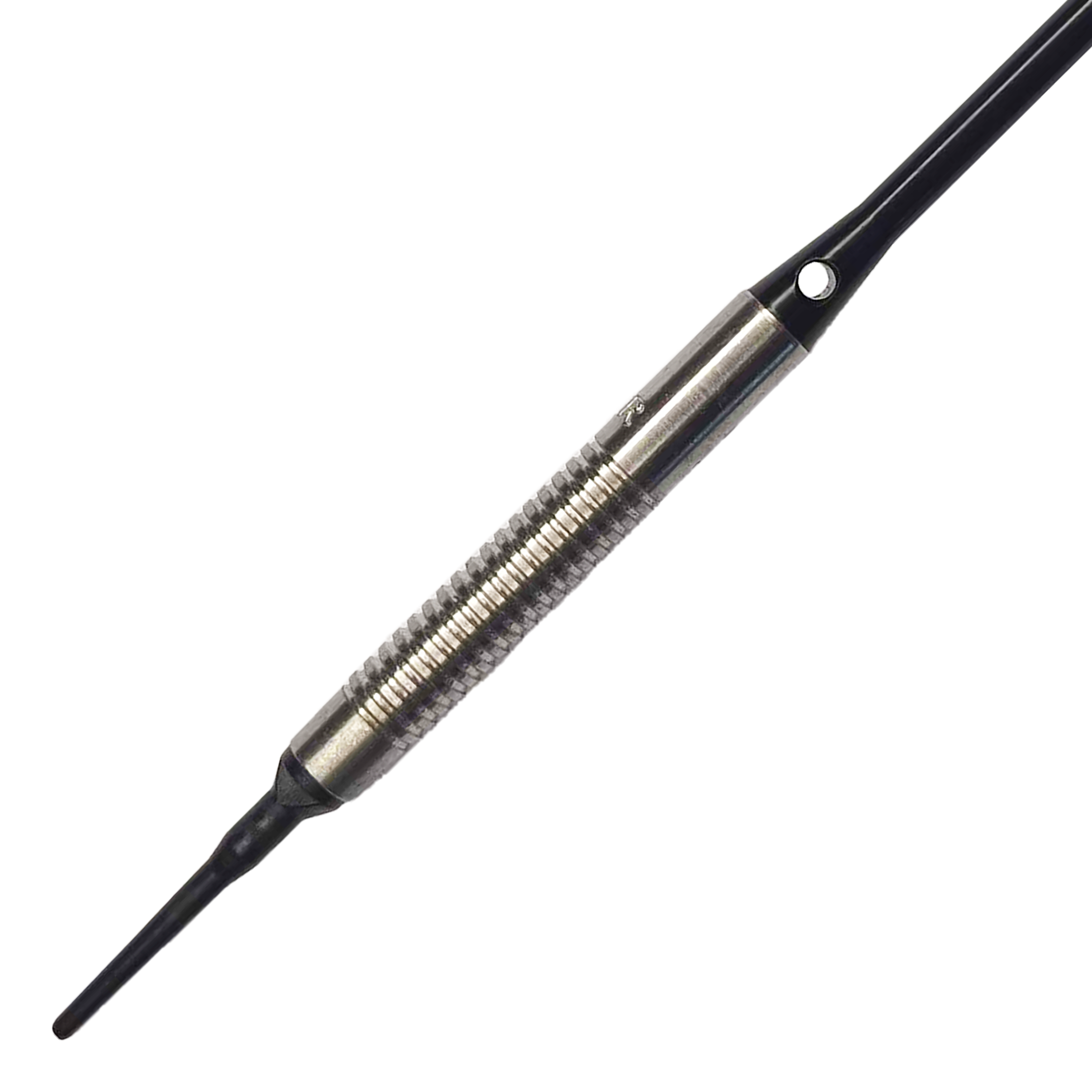 Fléchettes souples McDart 85 Tungstène V8 - 18,5 g Das Bild zeigt einen McDart 85er Tungsten V8 Softdart mit einem Gewicht von 18,5 Gramm. Der Dart besteht aus silberfarbenem Metall mit einer geriffelten Griffzone und einer schwarzen Spitze.