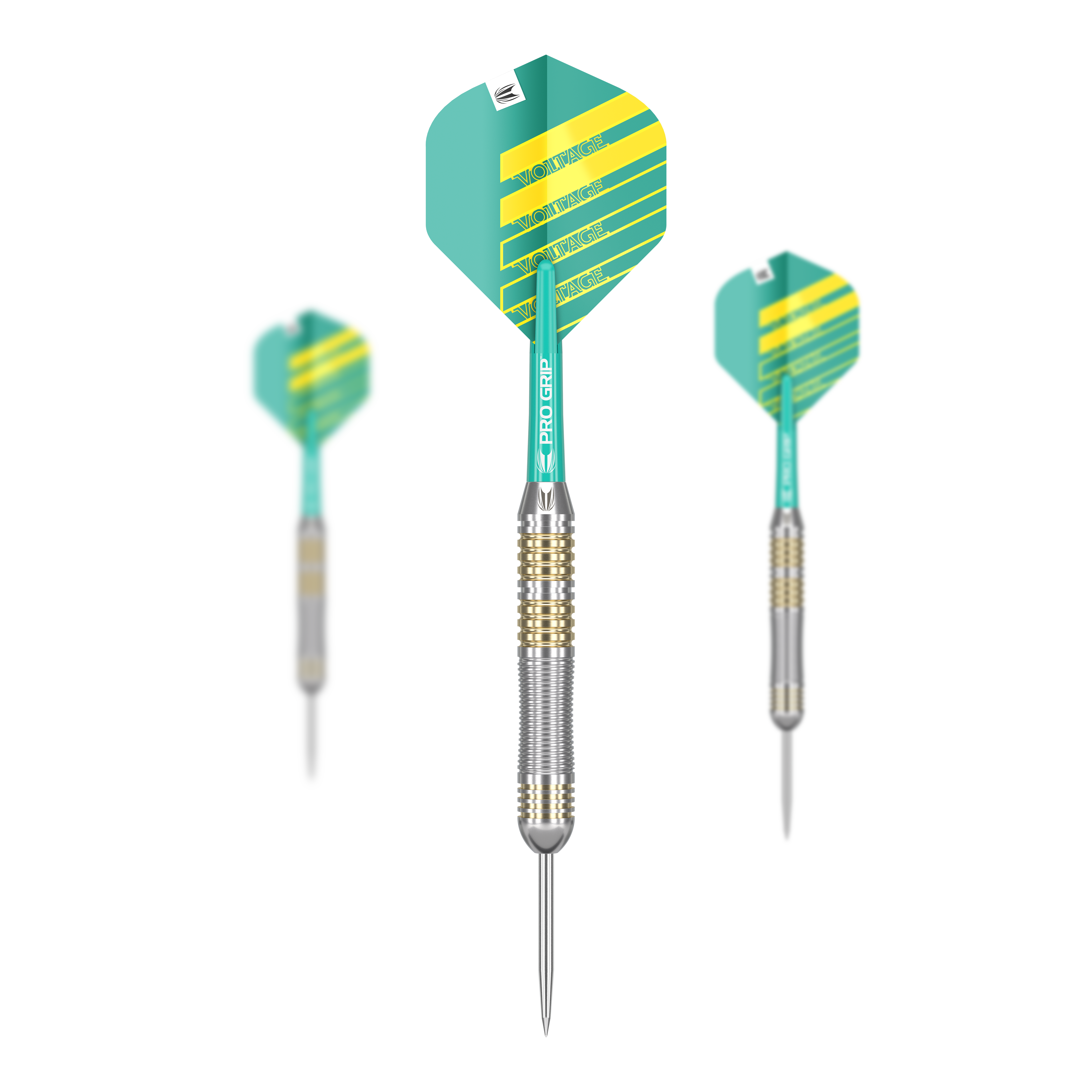 Fléchettes en acier en laiton Target Rob Cross - 22 g Das Bild zeigt drei Target Rob Cross Brass Steeldarts mit einem Gewicht von 22g. Die Darts haben gelb-grüne Flights und einen silber-goldenen Barrel.