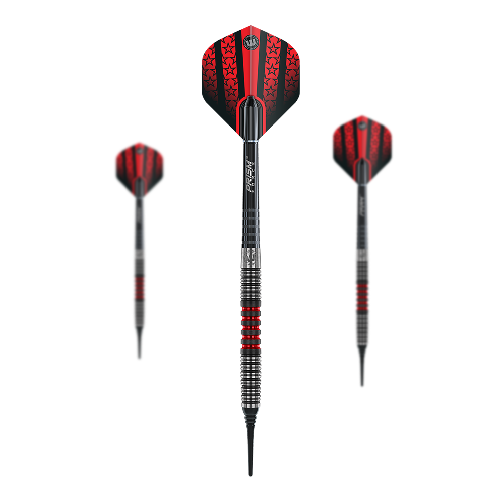 Fléchettes souples Winmau Joe Cullen Das Bild zeigt drei Winmau Joe Cullen Softdarts mit roten und schwarzen Flights. Die Darts haben einen silbernen Schaft mit roten Akzenten und eine schwarze Spitze.