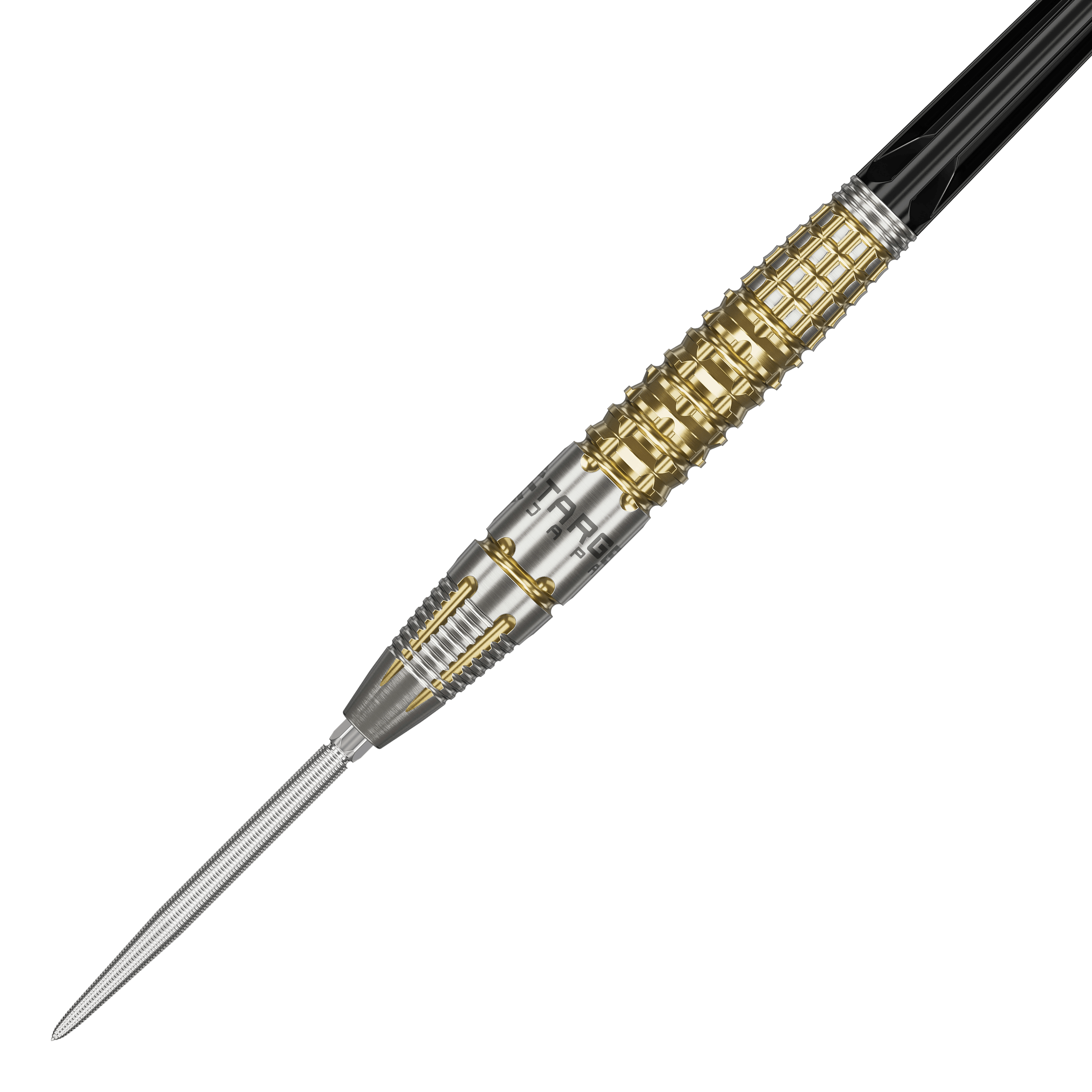 Fléchettes en acier Target Black Marque Warrior Swiss Point Das Bild zeigt einen Target Black Marque Warrior Swiss Point Steeldart. Der Dart ist silber und goldfarben mit auffälligen Rillen und einem spitzen Metallende.