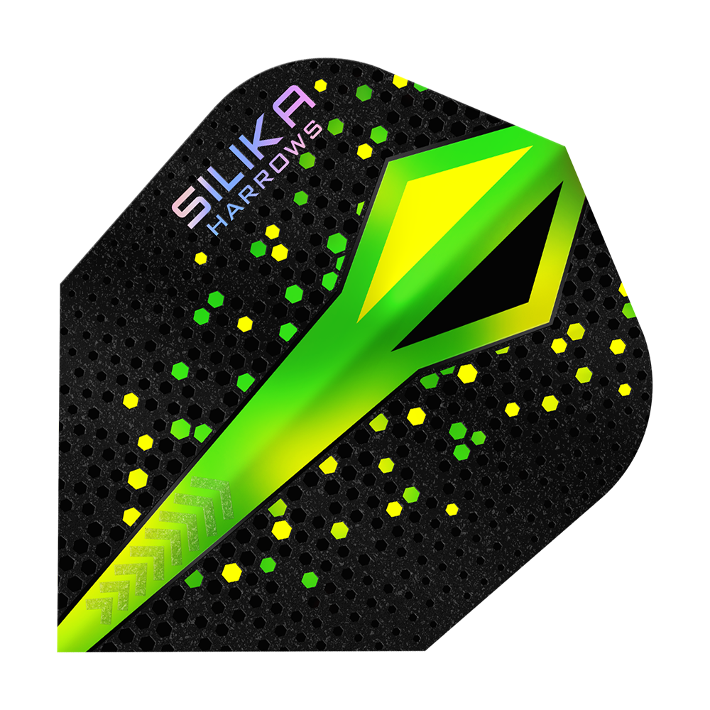 Revêtement cristallin résistant Harrows Silika Colourshift Vert No6 Vols Das Bild zeigt ein Dart-Flügel von Harrows mit dem Namen "Silika Colourshift Tough Crystalline Coating Green No6". Das Design ist schwarz mit grünen und gelben Akzenten sowie einem auffälligen grünen Muster in der Mitte.