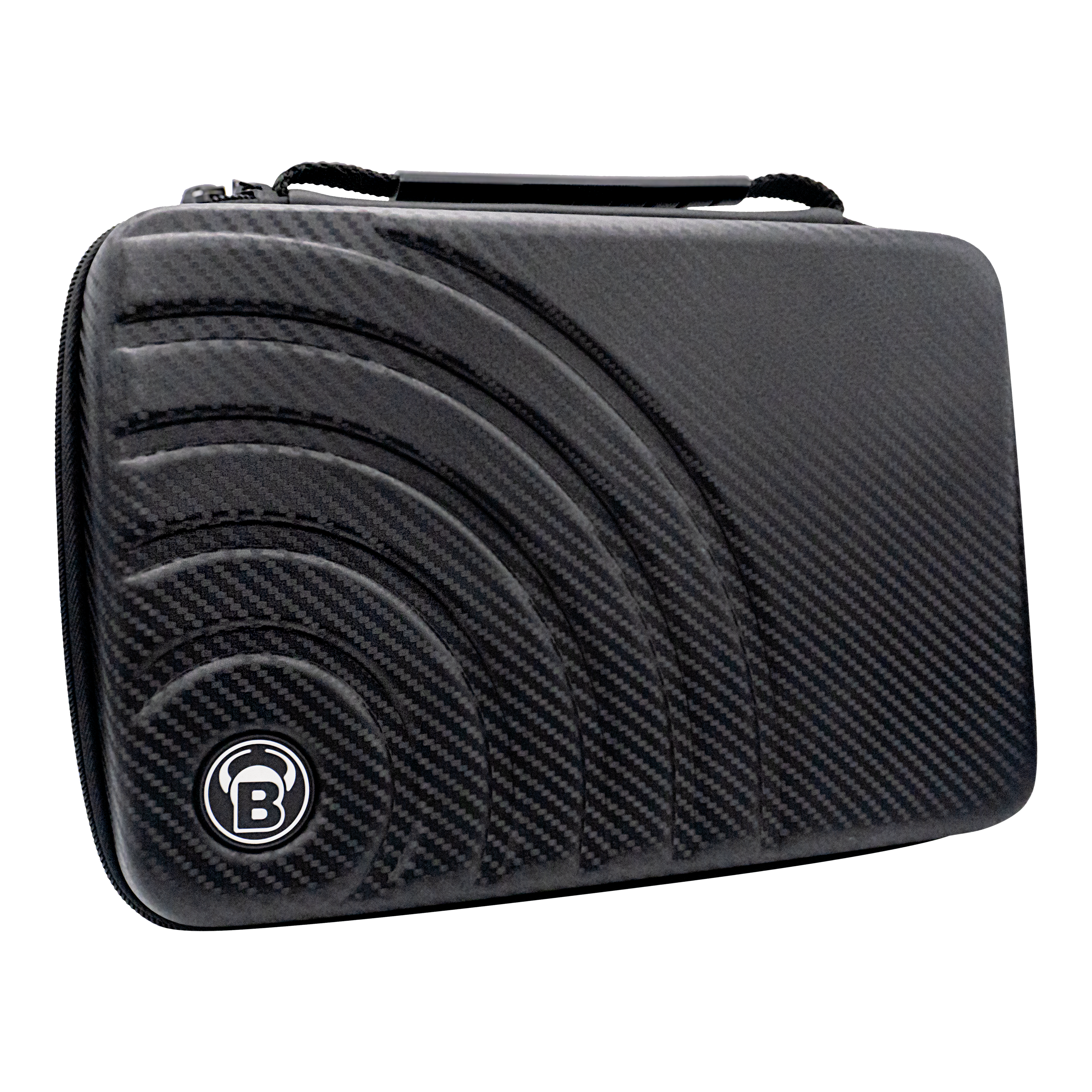 Étui à fléchettes Bulls Orbis XXL - gris carbone Das Bild zeigt das "Bulls Orbis XXL Dartcase" in Carbongrau. Das Etui hat ein modernes, karbonähnliches Design mit einem eingelassenen Muster und dem Bulls-Logo.