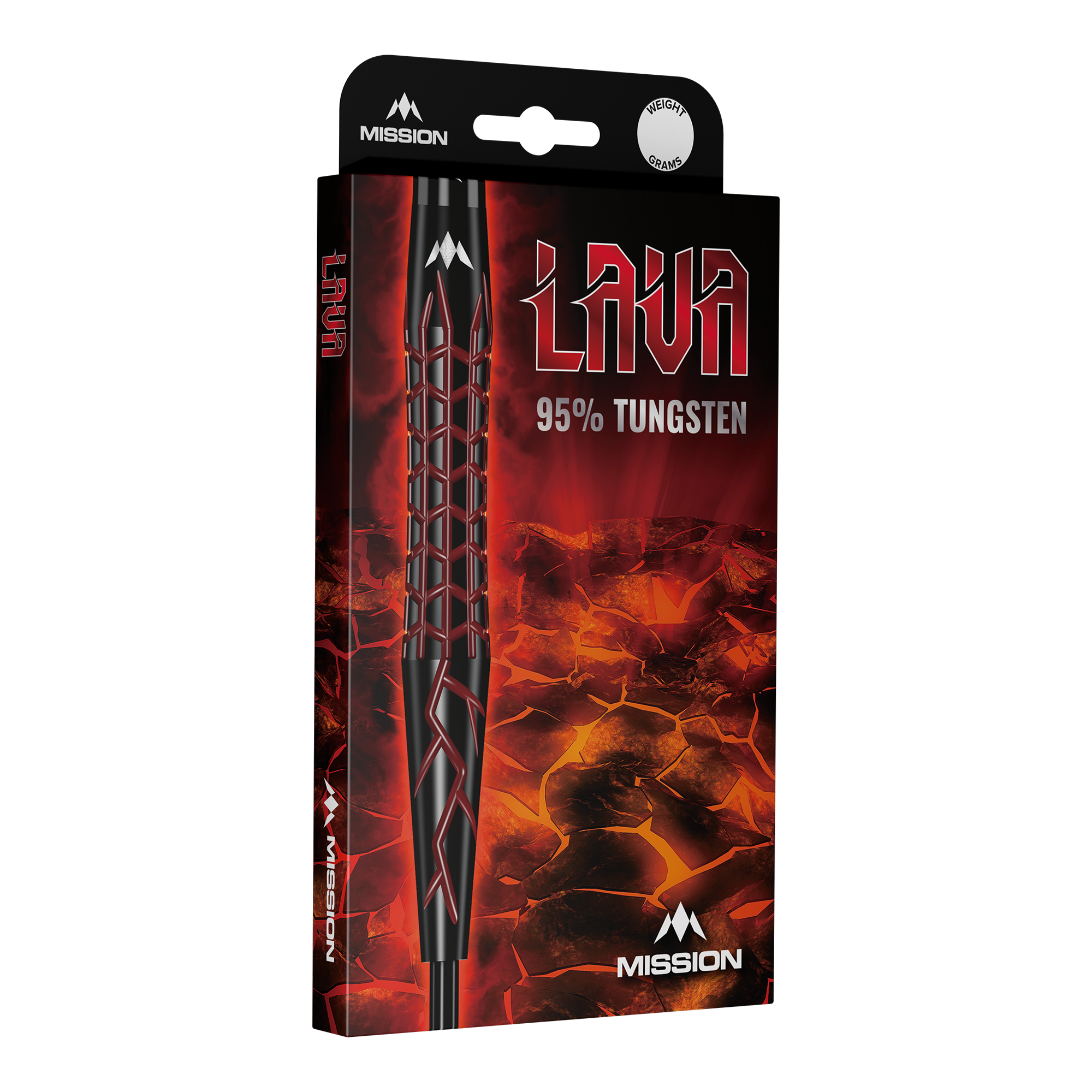 Fléchettes en acier Mission Lava Die Abbildung zeigt die Verpackung der Mission Lava Steeldarts. Auf der Schachtel steht "Lava 95% Tungsten" vor einem feurigen Lava-Hintergrund.
