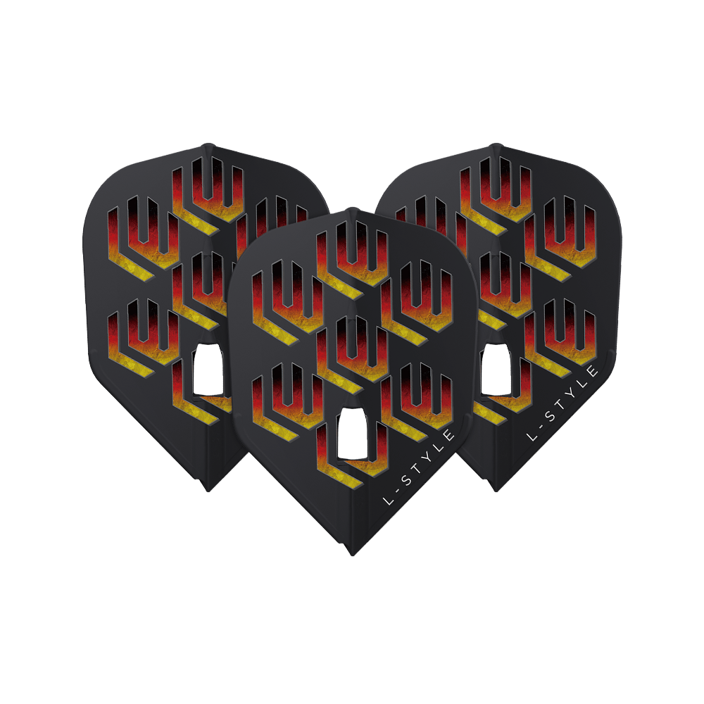 Ailettes L-L-Styleukas Wenig V1 Black L3PRO Das Bild zeigt drei schwarze Dart-Flights mit einem auffälligen roten und gelben Muster. Auf jedem Flight steht unten rechts das Wort "L-STYLE".