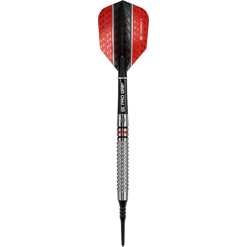 Fléchettes souples Target Vapor8 05 - 18 g Das Bild zeigt einen Target Vapor8 05 Softdart mit einem Gewicht von 18 Gramm. Der Dart hat eine rote und schwarze Flight, einen silbernen Barrel mit Griffstruktur und einen schwarzen Schaft.