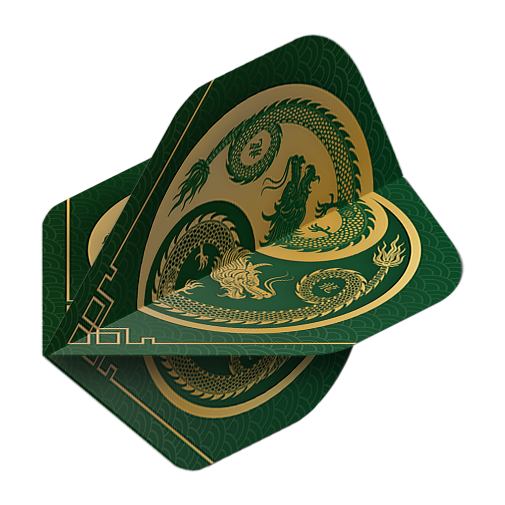 Vols de Pentathlon Dragon vert Das Bild zeigt die Pentathlon Dragon 3 Standard Flights. Sie sind grün mit einem goldenen Drachenmotiv verziert.