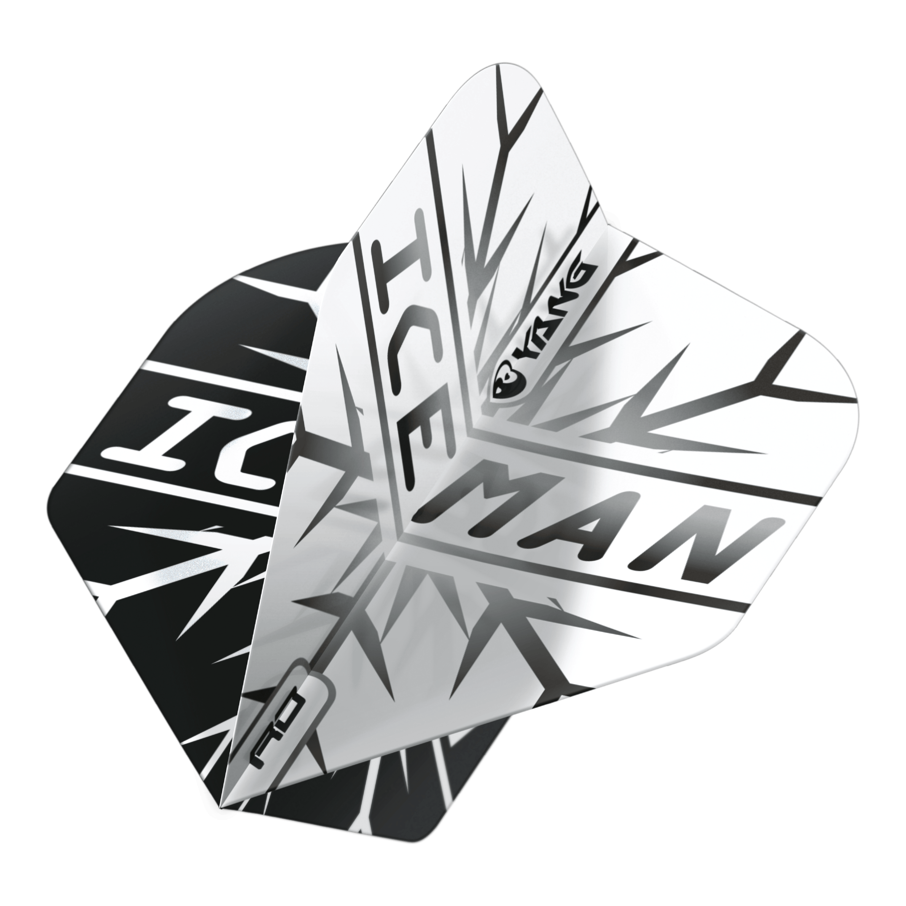 Das Bild zeigt zwei Dartflights in Schwarz und Weiß mit dem Schriftzug "ICEMAN" und einem auffälligen Eismuster. Auf den Flights ist zudem das Wort "Yin Yang" zu sehen.