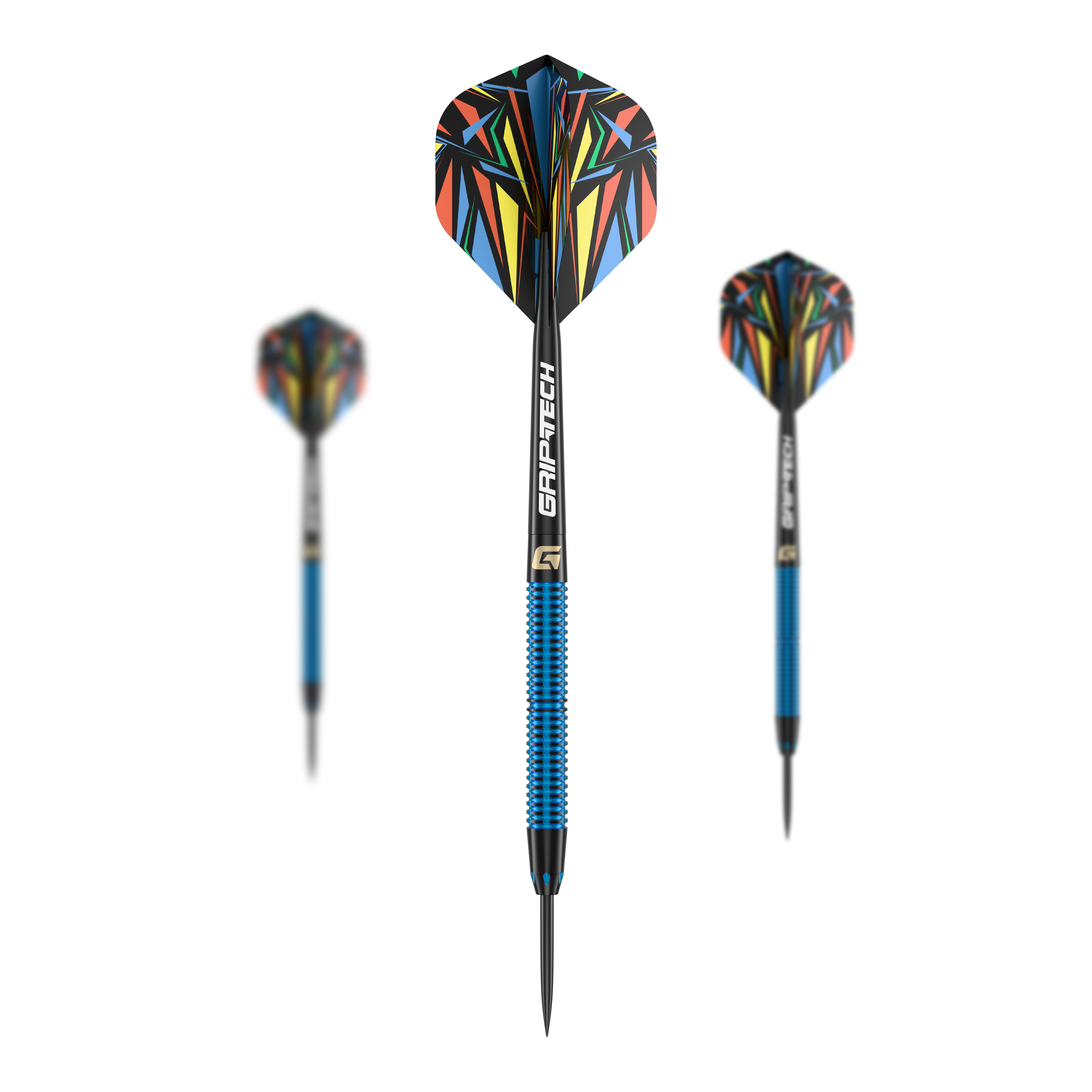 Fléchettes en acier GOAT Athlete en laiton bleu - 12 g Das Bild zeigt drei Steeldarts des Produkts "GOAT Athlete Blue Brass Steeldarts - 12g". Die Darts haben blaue Griffe und bunte Flights mit einem auffälligen Muster.
