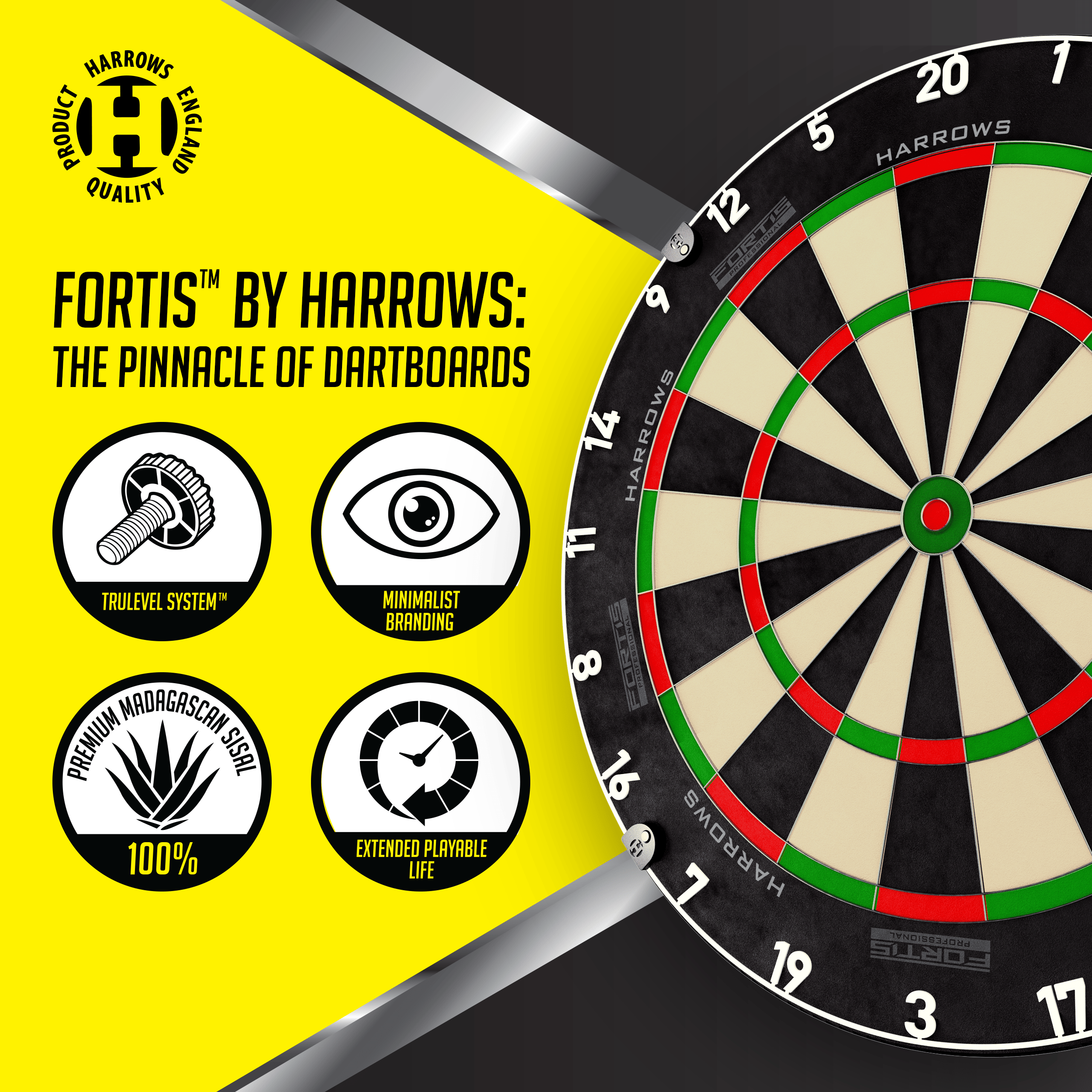Cible de fléchettes en acier Harrows Fortis Das Foto zeigt ein Harrows Fortis Steeldartboard. Es ist für professionelle Dartspieler geeignet.
