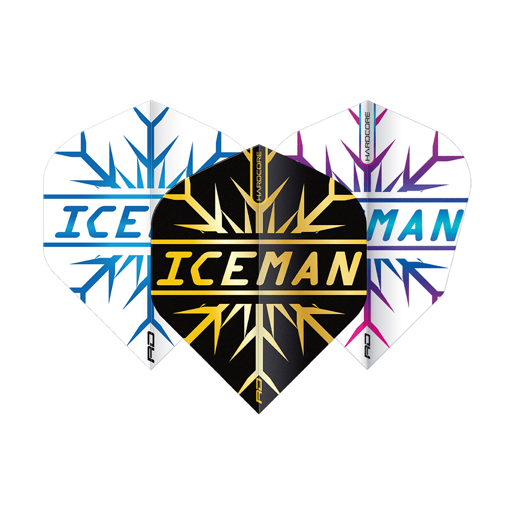 X0808_Red_Dragon_Gerwyn_Price_Hardcore_Flight_Set_1T9edF8pO0R194 Das Bild zeigt das Red Dragon Gerwyn Price Hardcore Flight Set, bestehend aus drei Dart-Flights. Auf jedem Flight steht in großer Schrift das Wort "ICEMAN" und sie haben unterschiedliche Farbkombinationen.
