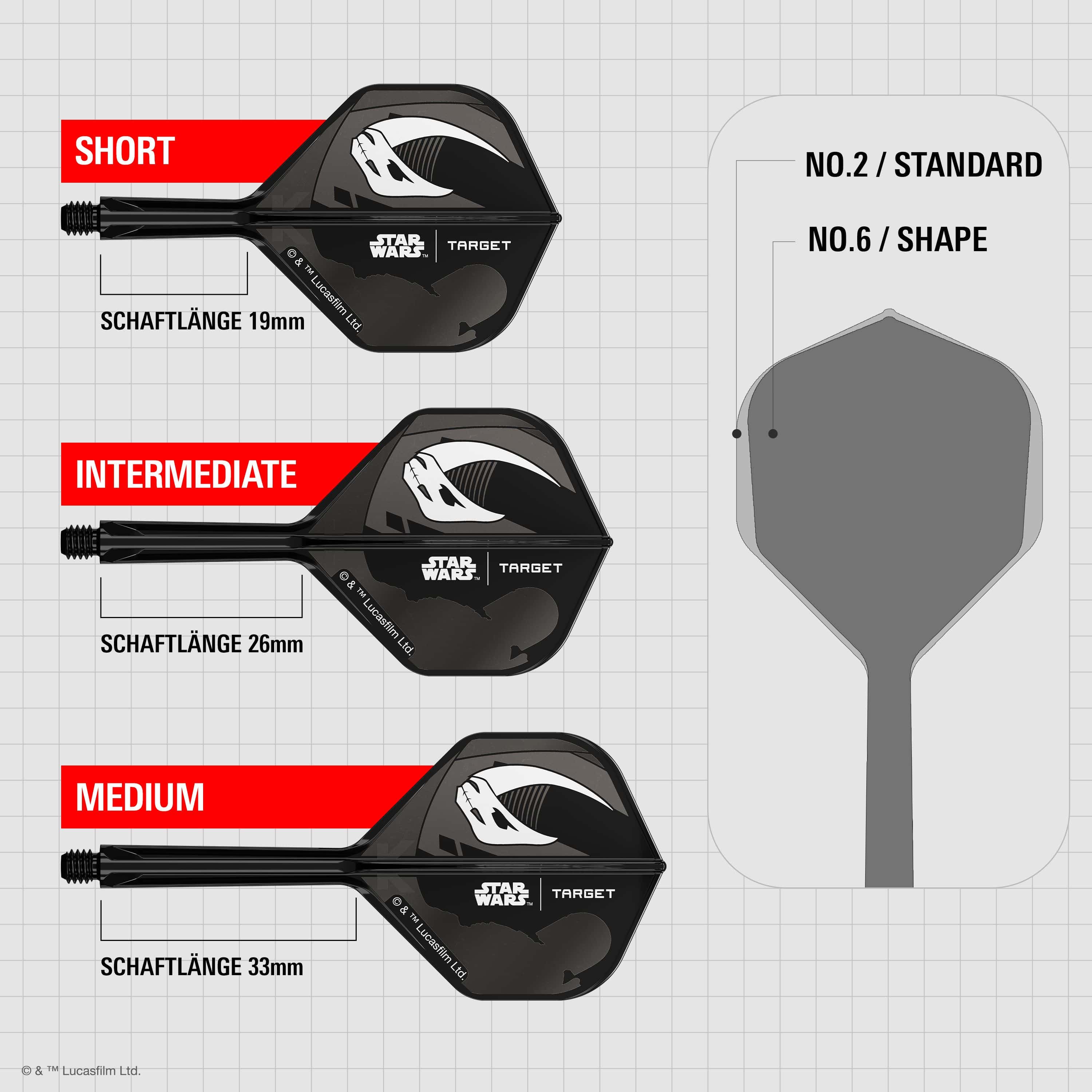 Coffret Target Star Wars K-Flex Mandalorian n°2 Vols standards Das Bild zeigt das Target Star Wars K-Flex-Set Mandalorian No2 Standard Flights. Es handelt sich um zwei Dart Flights mit Mandalorian-Motiv aus Star Wars.