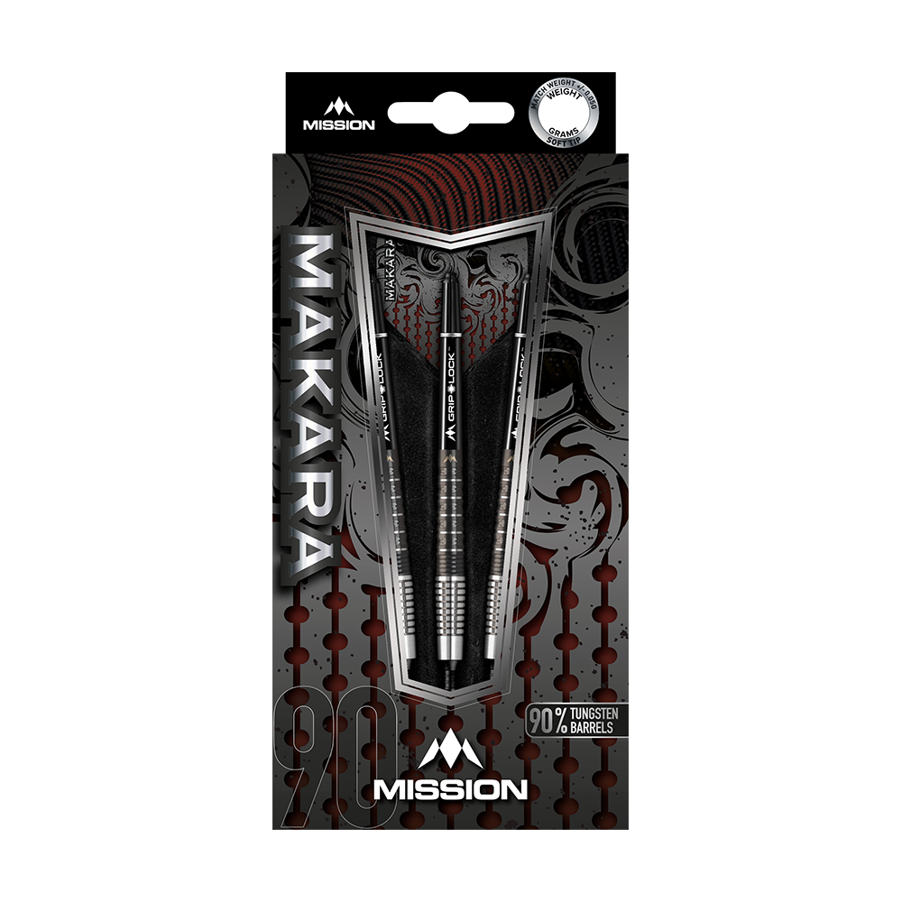 Das Bild zeigt die Verpackung der Mission Makara M2 Softdarts mit einem Gewicht von 20g. Die Darts bestehen zu 90 % aus Tungsten und sind ansprechend gestaltet.