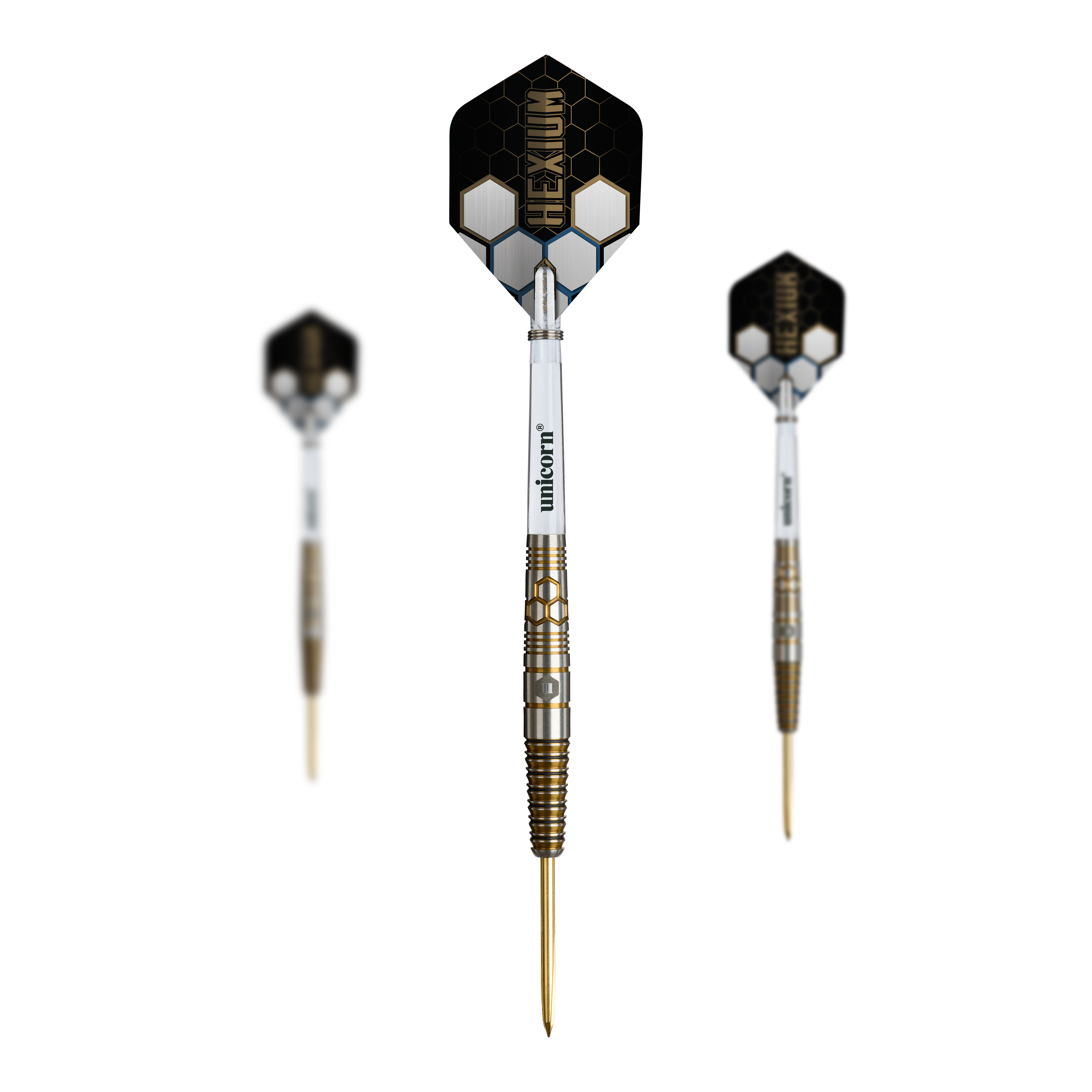 Fléchettes en acier Unicorn Hexium Style 03 or et noir Dieses Bild zeigt das Set der Unicorn Hexium Style 03 Gold & Black Steeldarts. Mehrere Darts im Gold und Schwarz Look liegen als Set zusammen.