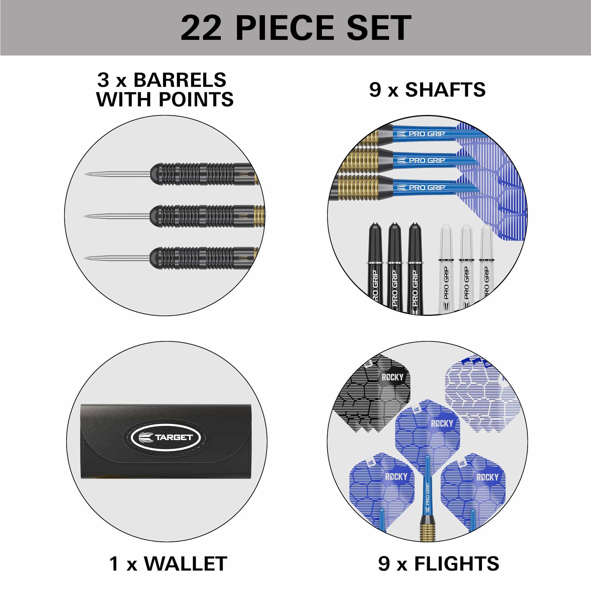 Fléchettes en acier laiton Target Josh Rock - 22 g Das Bild zeigt ein 22-teiliges Set von Target Josh Rock Brass Steeldarts - 22g. Es enthält 3 Barrels mit Spitzen, 9 Shafts, 9 Flights und ein Wallet.