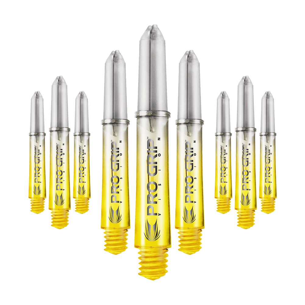 Tiges Target Pro Grip Vision - 3 jeux - Jaune Das Bild zeigt neun gelbe Dartschäfte mit silberfarbenen Spitzen, auf denen "PRO GRIP VISION" steht. Sie sind in einer leicht gebogenen Reihe angeordnet.