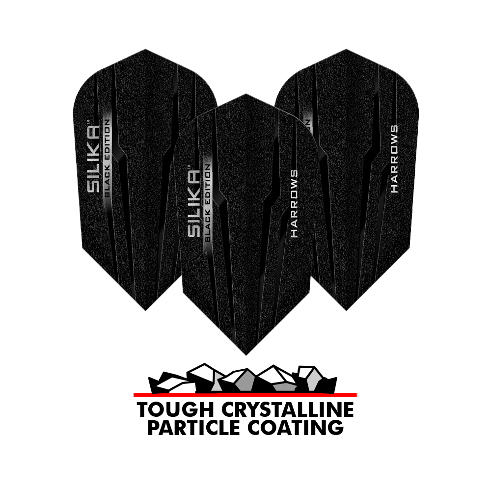 Volets fins Harrows Silika Black Edition Auf dem Bild sind die Harrows Silika Black-Edition Slim Flights zu sehen. Unten steht der Text „TOUGH CRYSTALLINE PARTICLE COATING“ mit einer Grafik von Kristallen darüber.