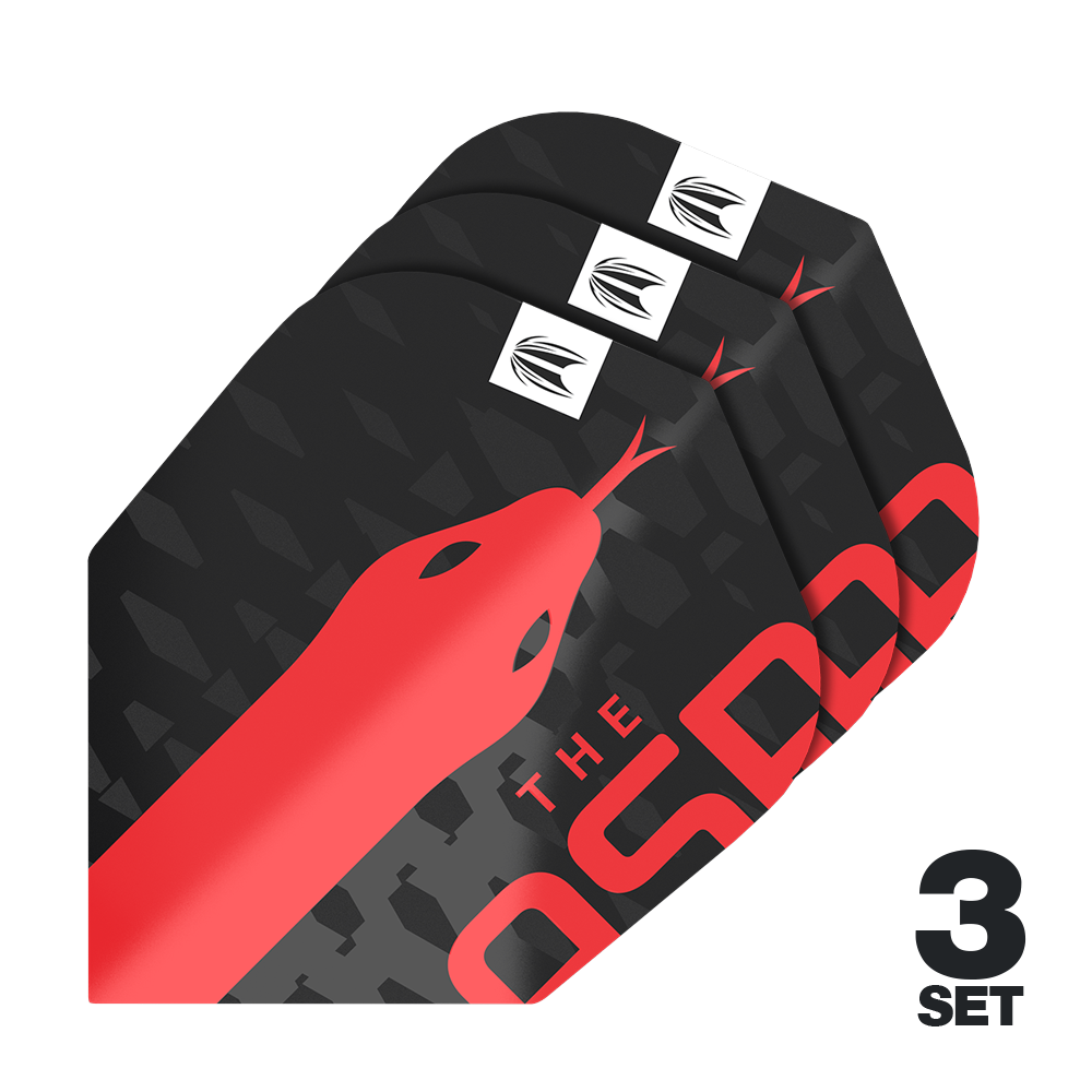 Volets Target Pro Ultra Nathan Aspinall No6 - 3 jeux Das Bild zeigt drei Sätze der Target Pro Ultra Nathan Aspinall No6 Flights für Darts. Das Design ist schwarz mit einem auffälligen roten Schlangenmuster und dem Text „THE ASP“.