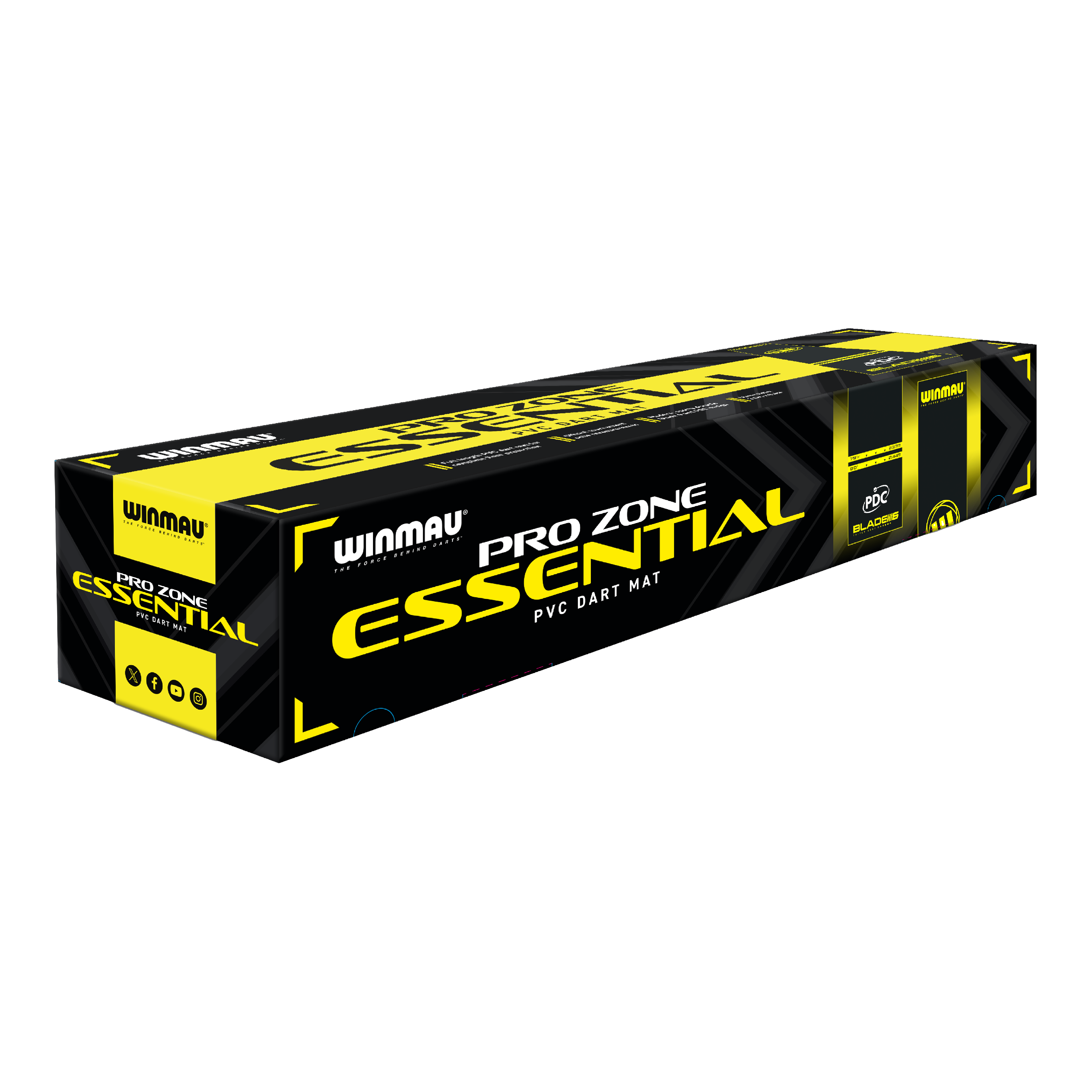 Tapis de fléchettes Winmau Pro-Zone Essential en PVC Die Abbildung zeigt die Verpackung der 'Winmau Pro-Zone Essential PVC Dartmatte'. Die Box ist in den Farben Schwarz und Gelb gestaltet und trägt deutlich das Produktlogo.