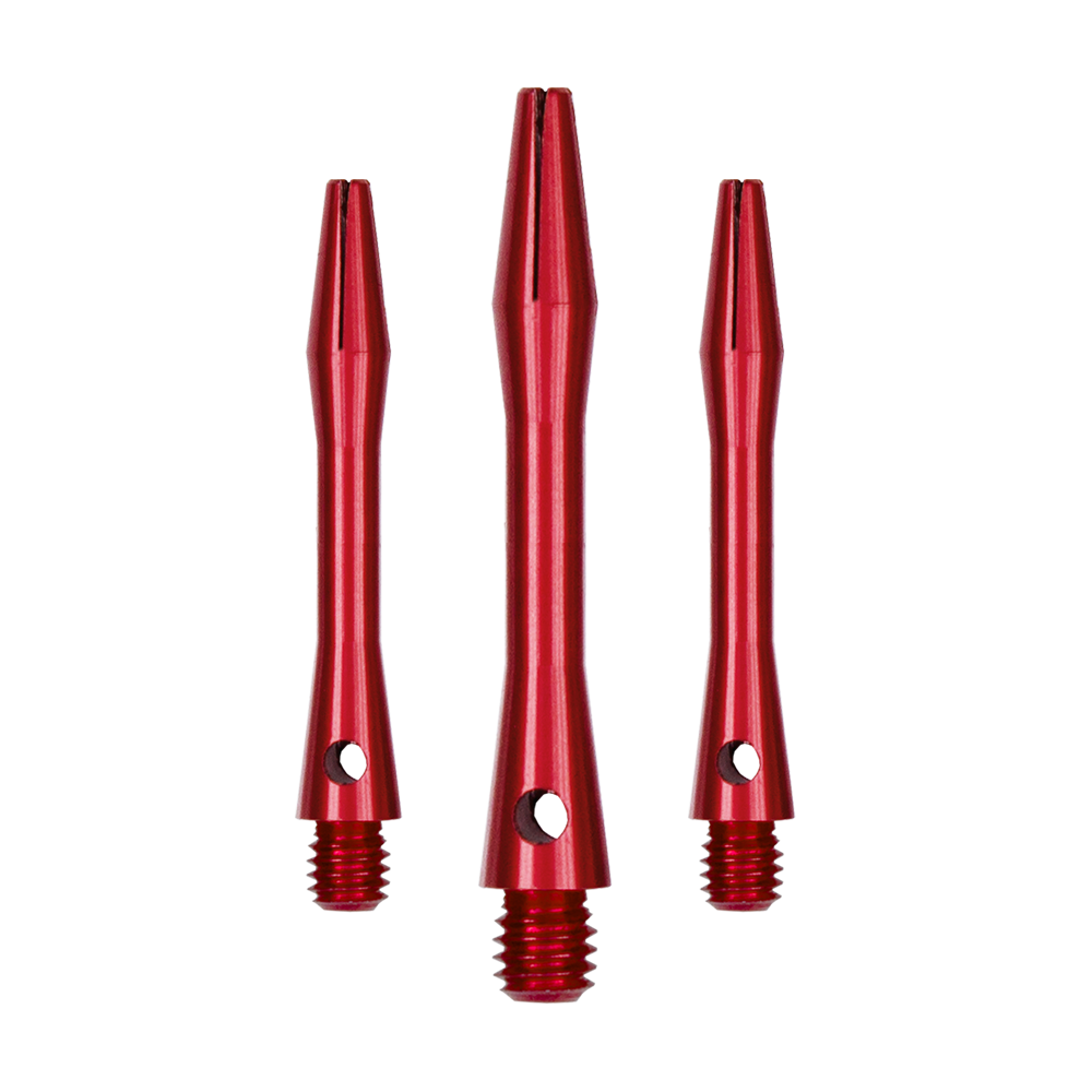 507_Aluminium_Shafts_Rot_35mm_1 Das Bild zeigt drei rote Aluminiumschäfte für Dartpfeile. Sie sind unterschiedlich lang und haben ein glänzendes Finish.
