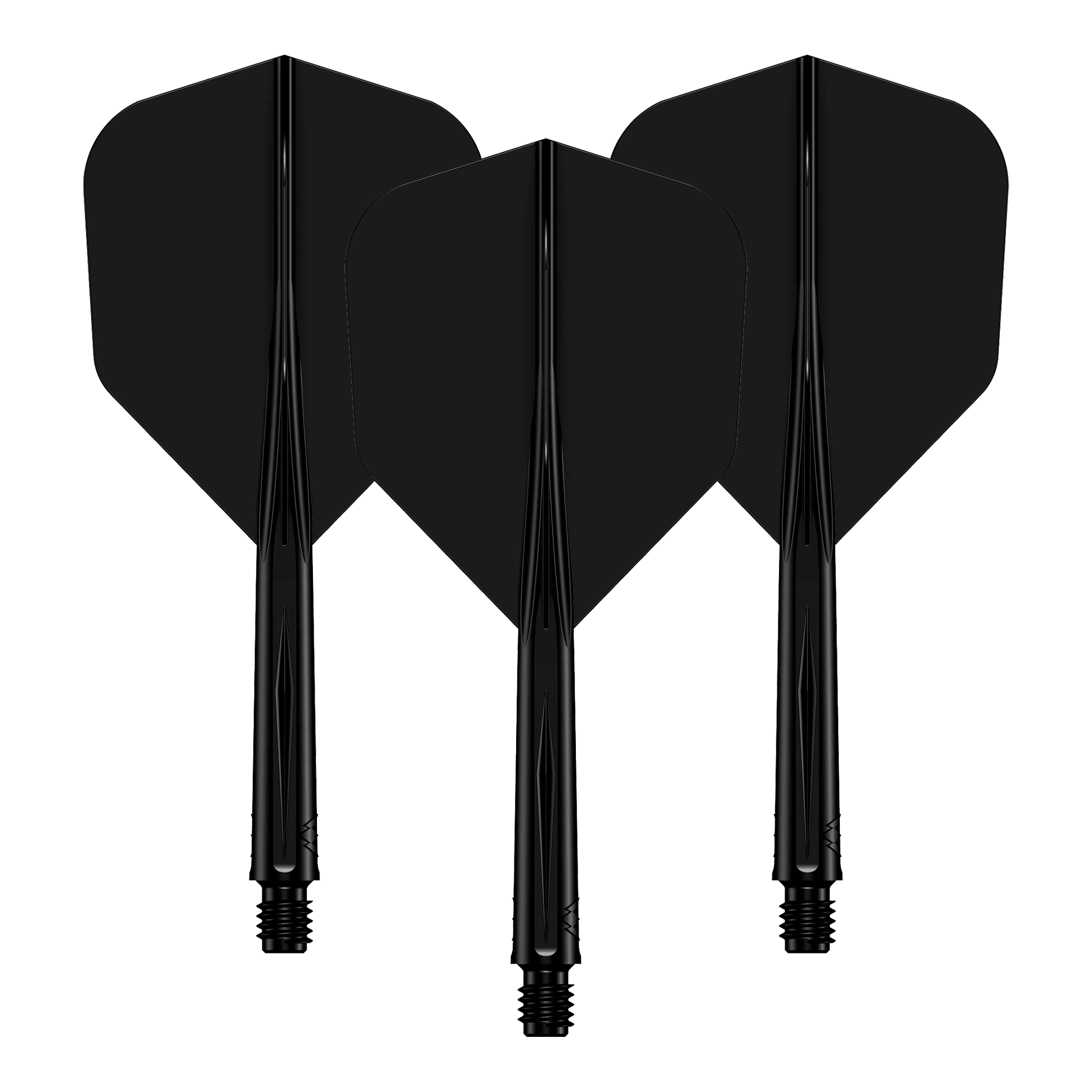 Système d'arbre de transMission Mission Force 90 n° 6 - Noir Das Bild zeigt drei schwarze Dart-Flights mit daran befestigten Schäften. Sie sind nebeneinander angeordnet und haben ein schlichtes, einfarbiges Design.
